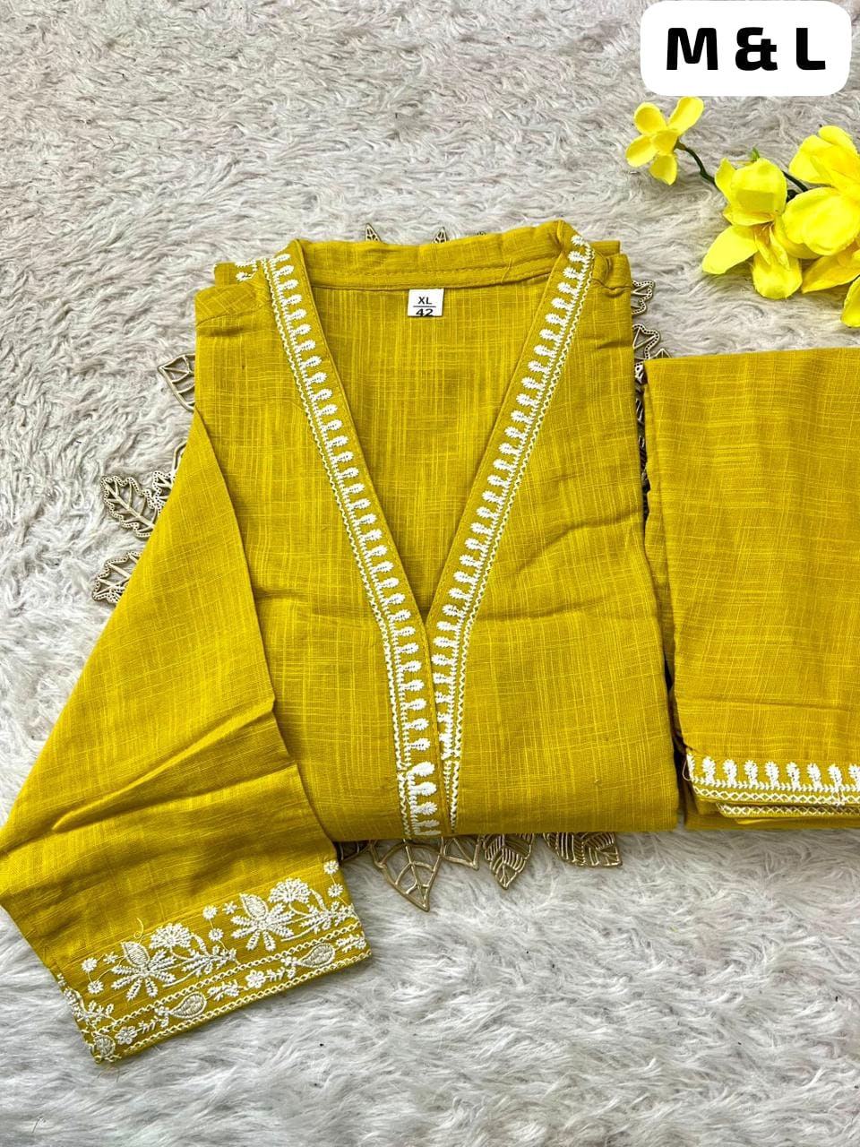 Women's Cotton Slub Embroidered Kurta Pant Set | Office & Casual Wear | V-neck
