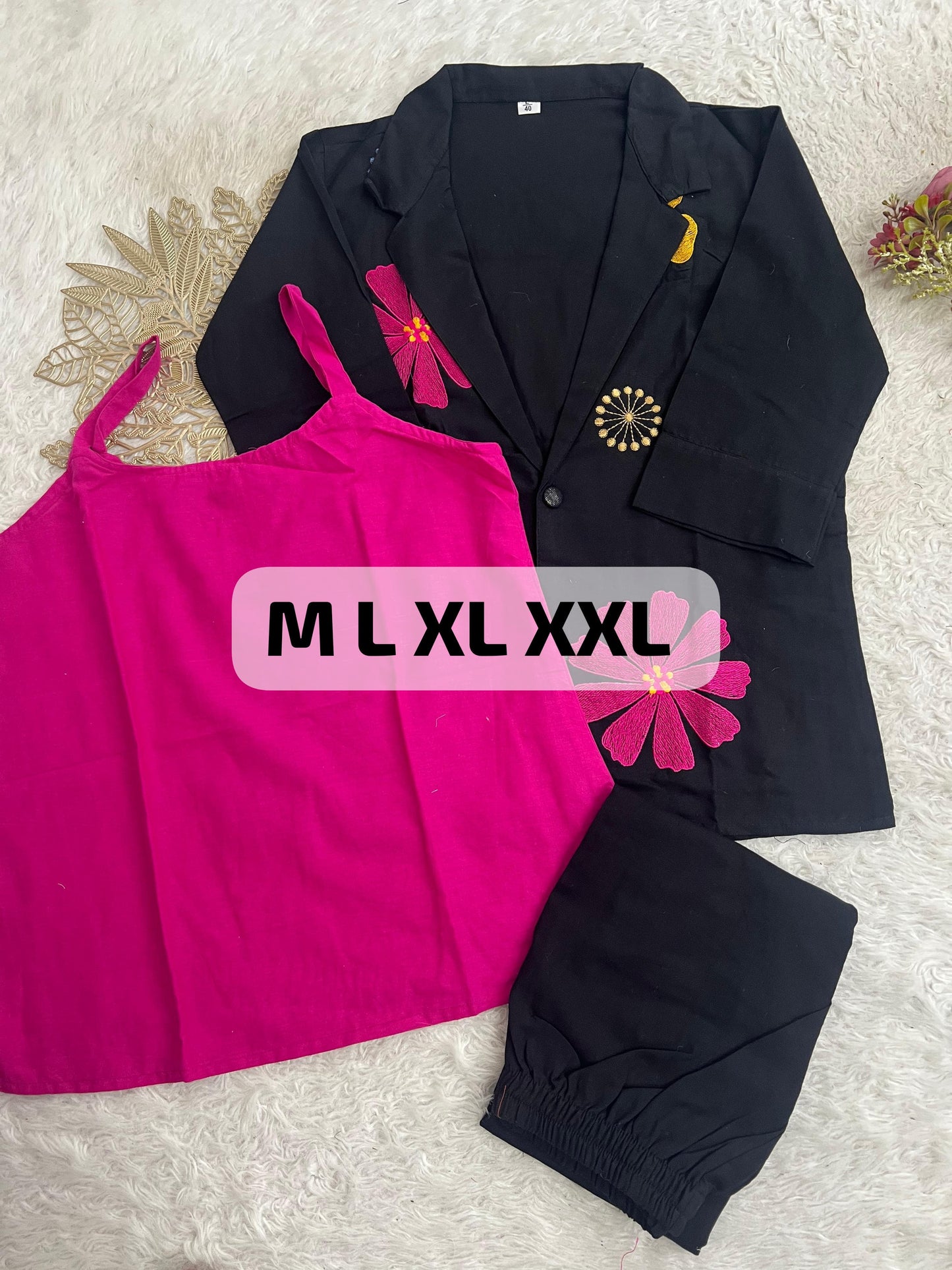 Premium Cotton Flax Embroidered 3-Piece Co-Ord Set for Women | Blazer, Inner & Pants