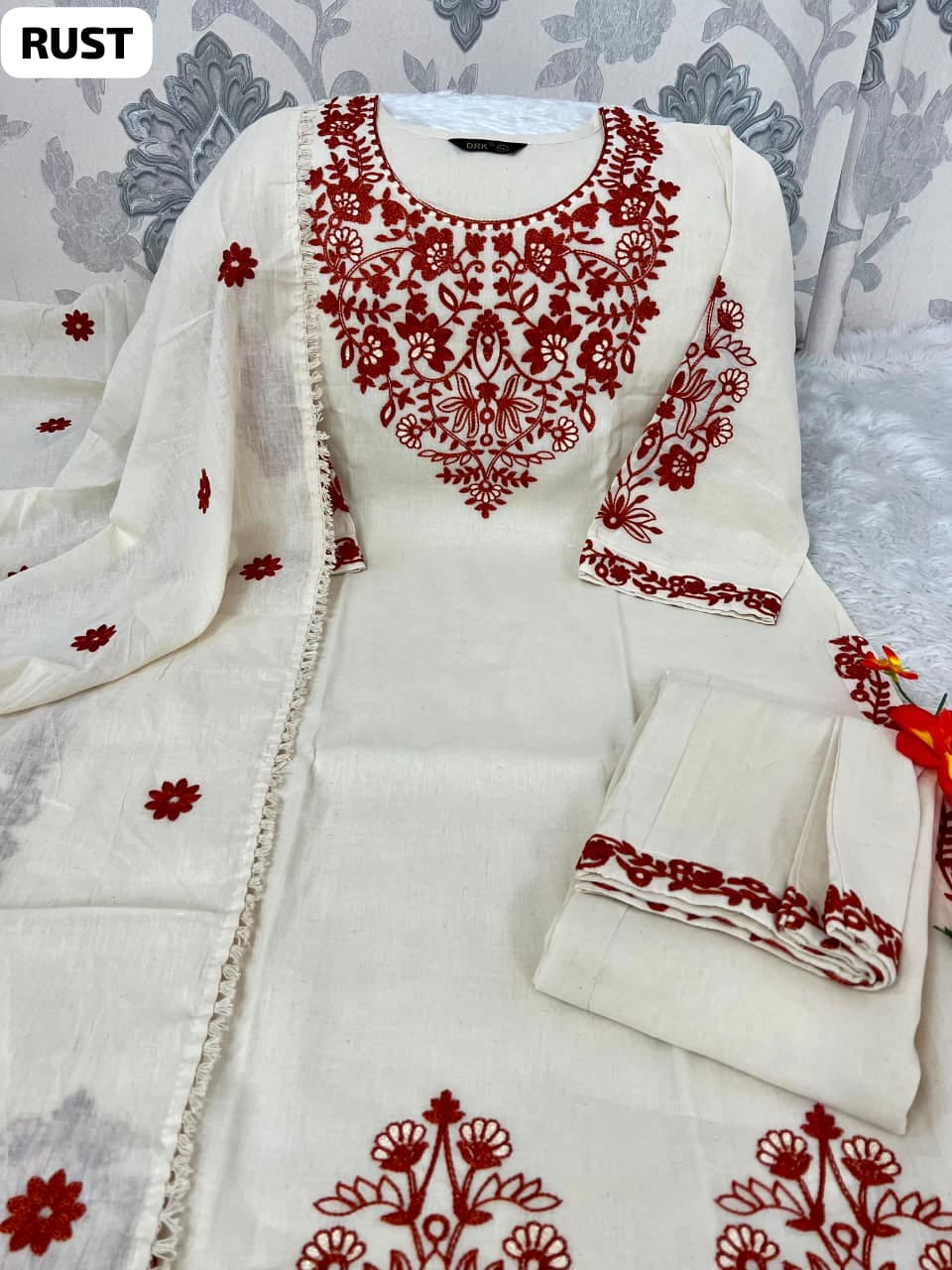 Pure Khadi Cotton Embroidered Kurta Pant Set with Full Dupatta for Women | Off White & Rust | Premium Ethnic Wear