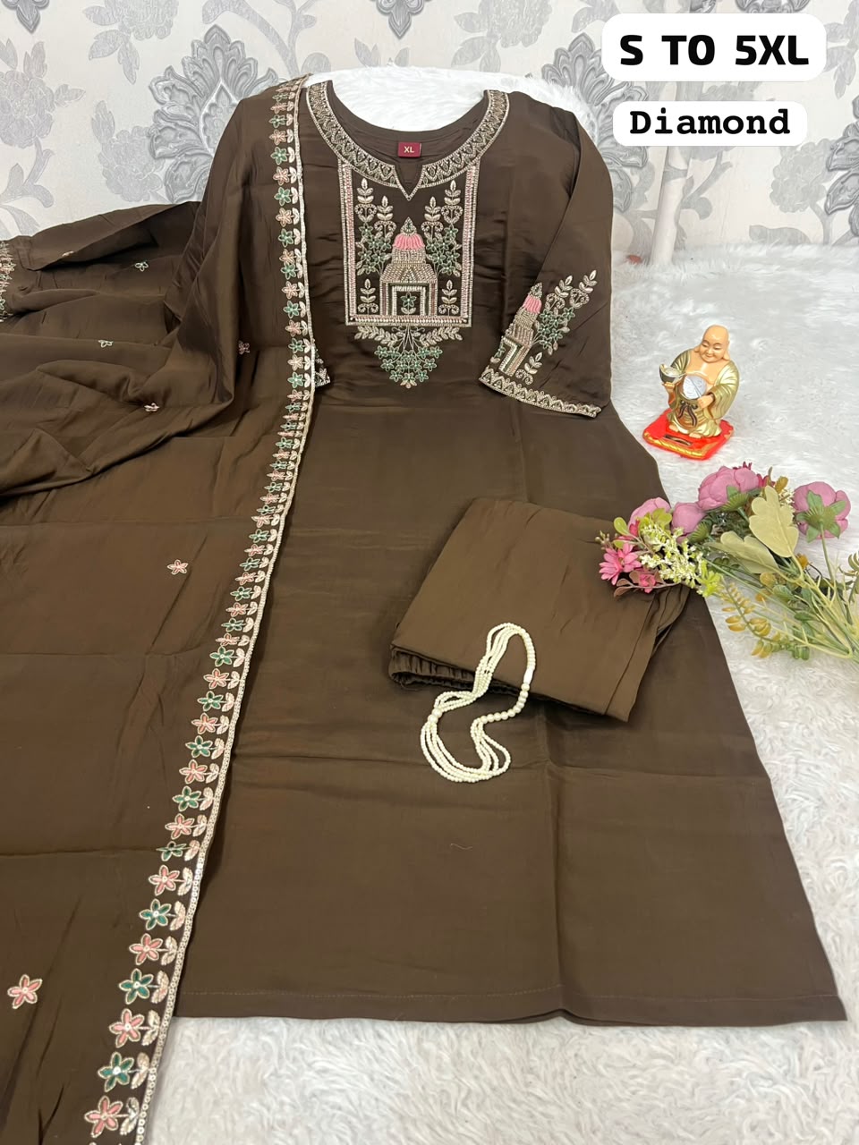 Diamond Embroidered 3-Piece Salwar Suit Set with Dupatta & Pants | Premium Festive Wear (S–5XL)