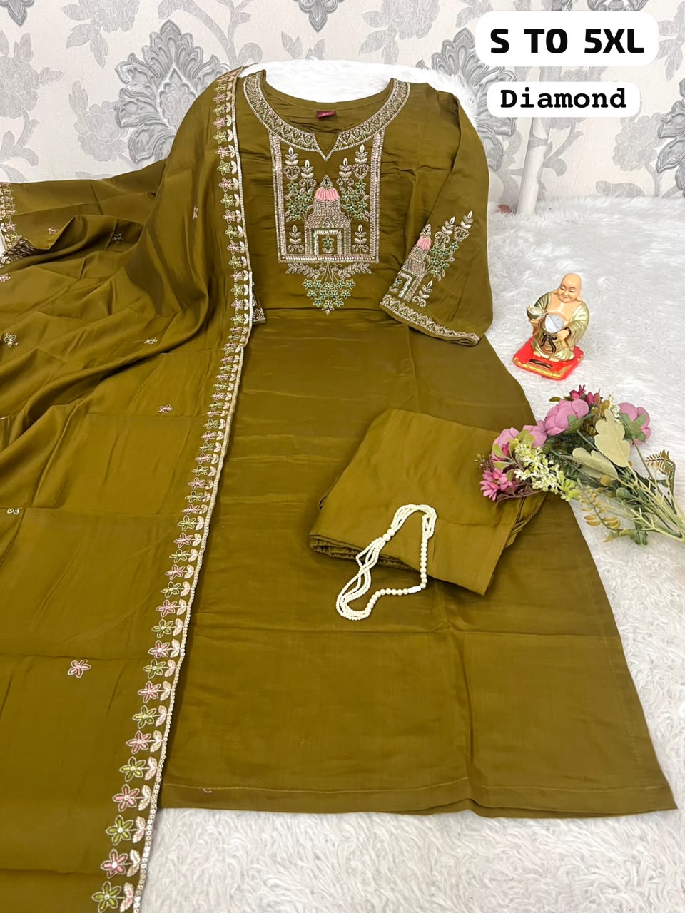Diamond Embroidered 3-Piece Salwar Suit Set with Dupatta & Pants | Premium Festive Wear (S–5XL)