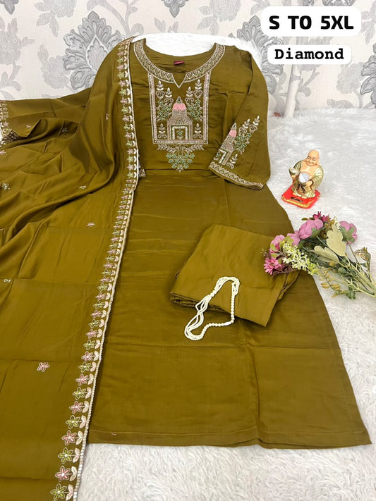 Diamond Embroidered 3-Piece Salwar Suit Set with Dupatta & Pants | Premium Festive Wear (S–5XL)