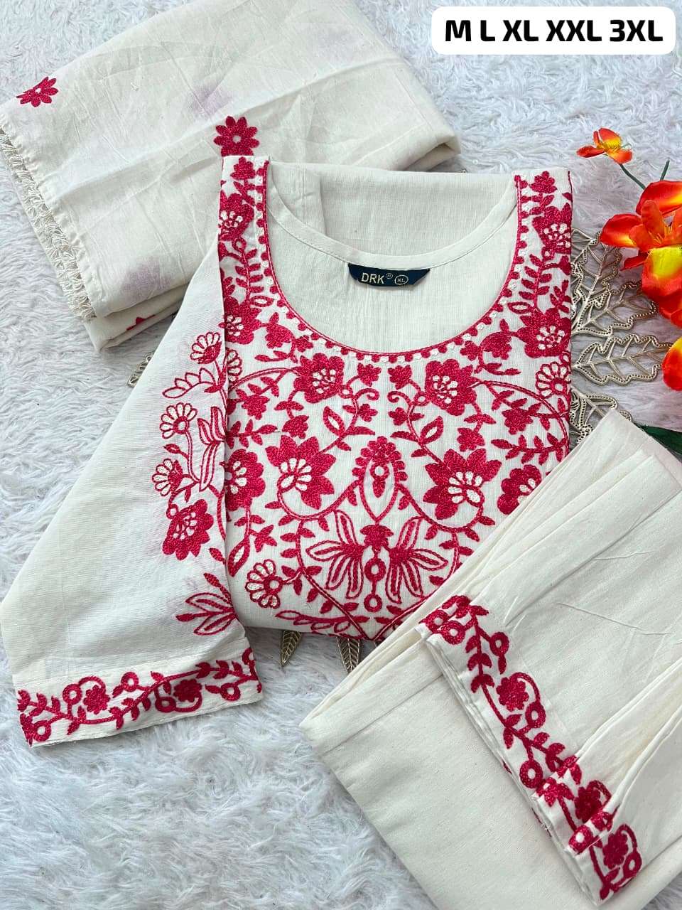 Pure Khadi Cotton Embroidered Kurta Pant Set with Full Dupatta for Women | Off White & Rust | Premium Ethnic Wear