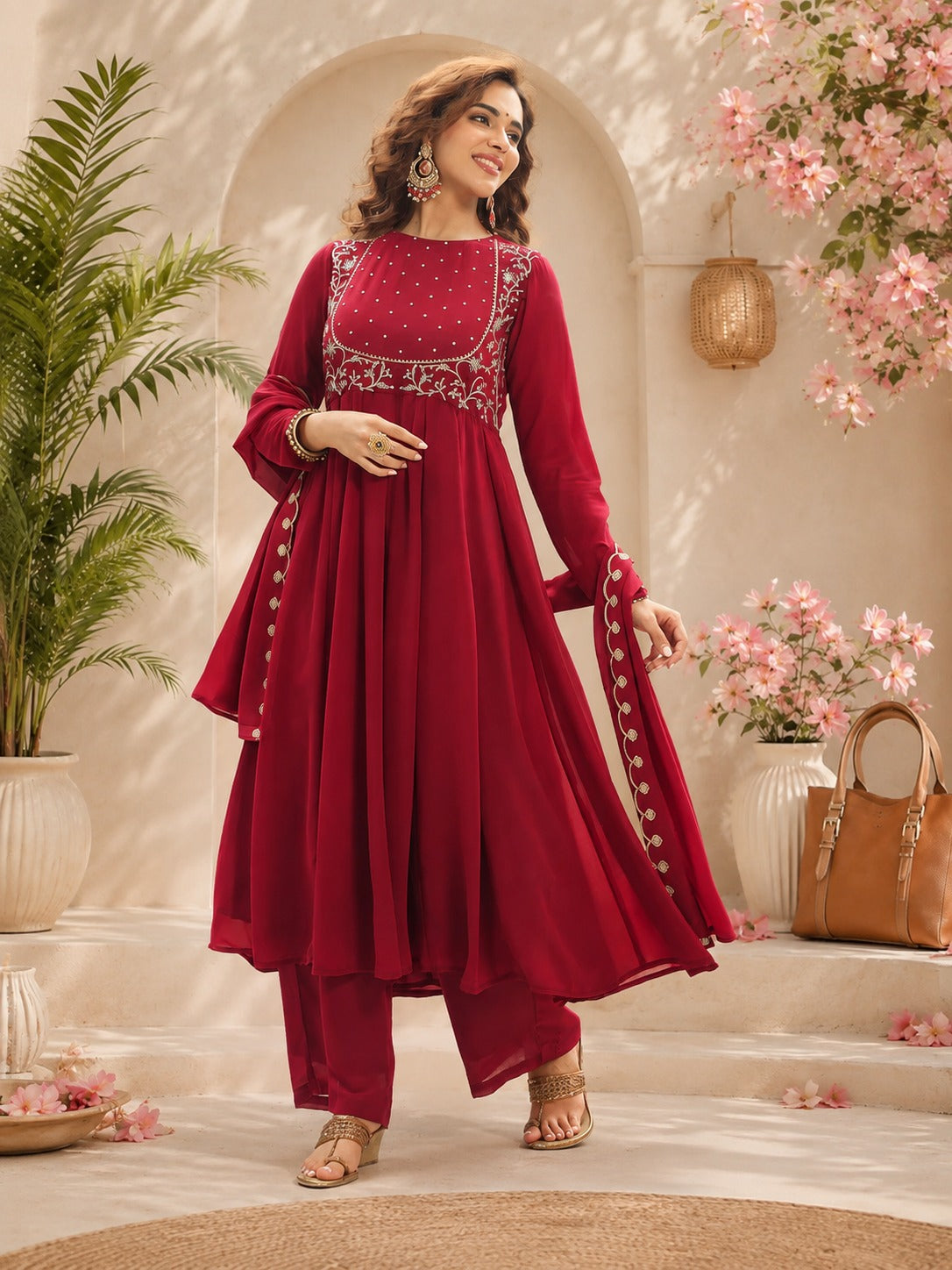 Maroon Embroidered Georgette Anarkali Suit Set with Dupatta