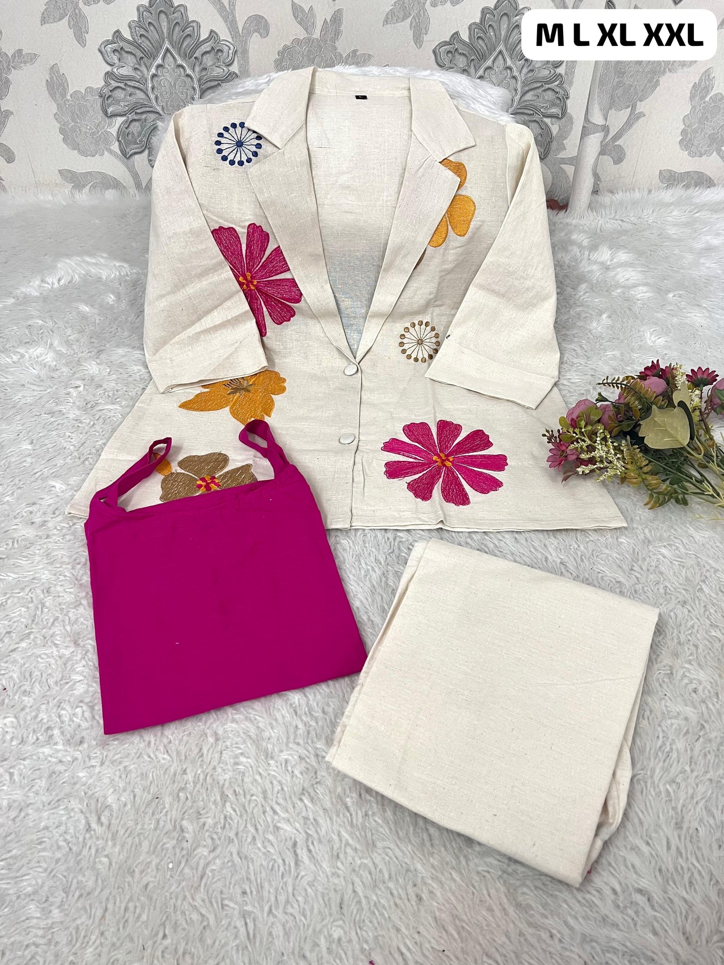 Premium Cotton Flax Embroidered 3-Piece Co-Ord Set for Women | Blazer, Inner & Pants