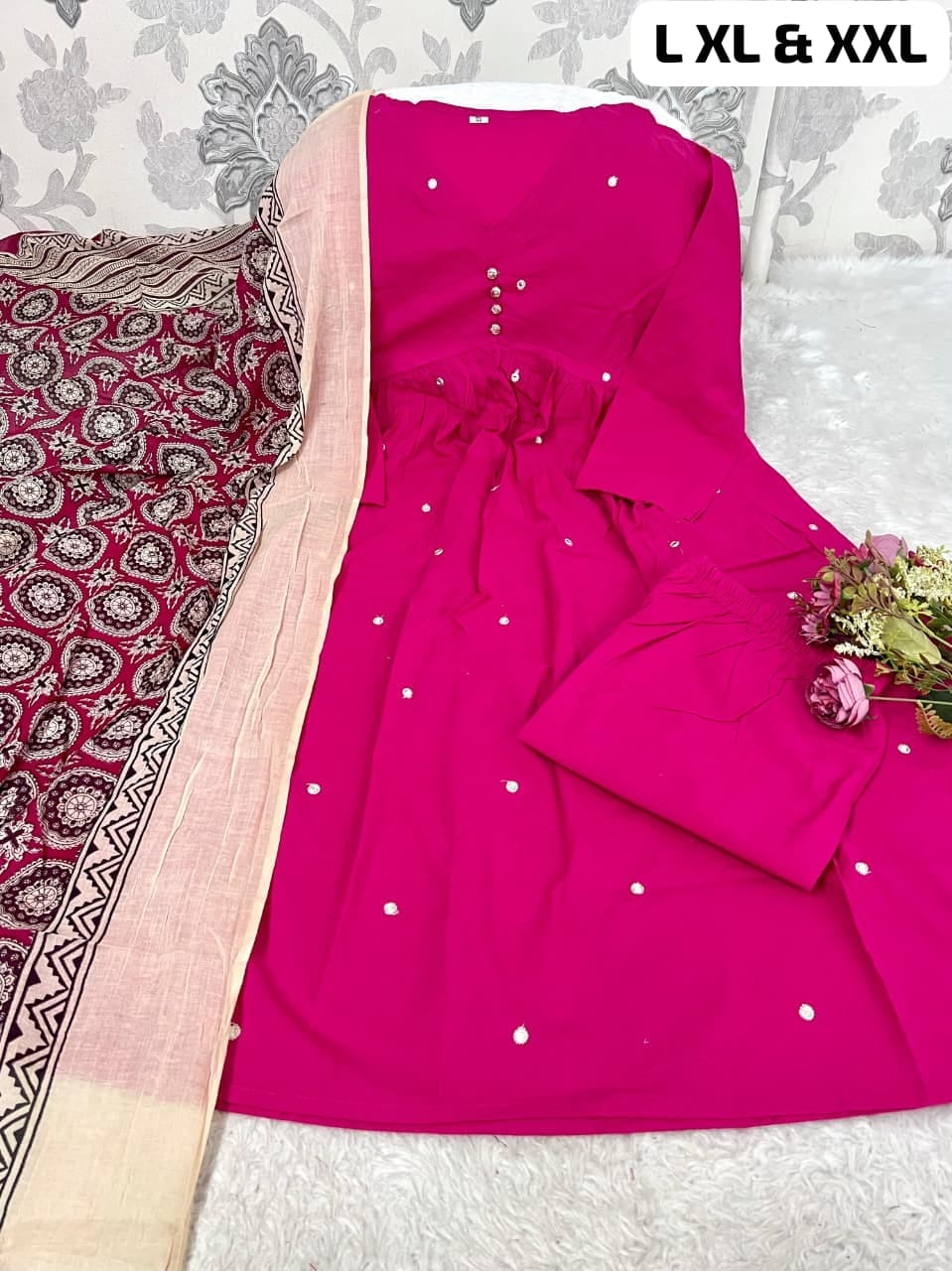 Premium A-Line Cotton Kurta Set with Jaipur Printed Mulmul Dupatta for Women