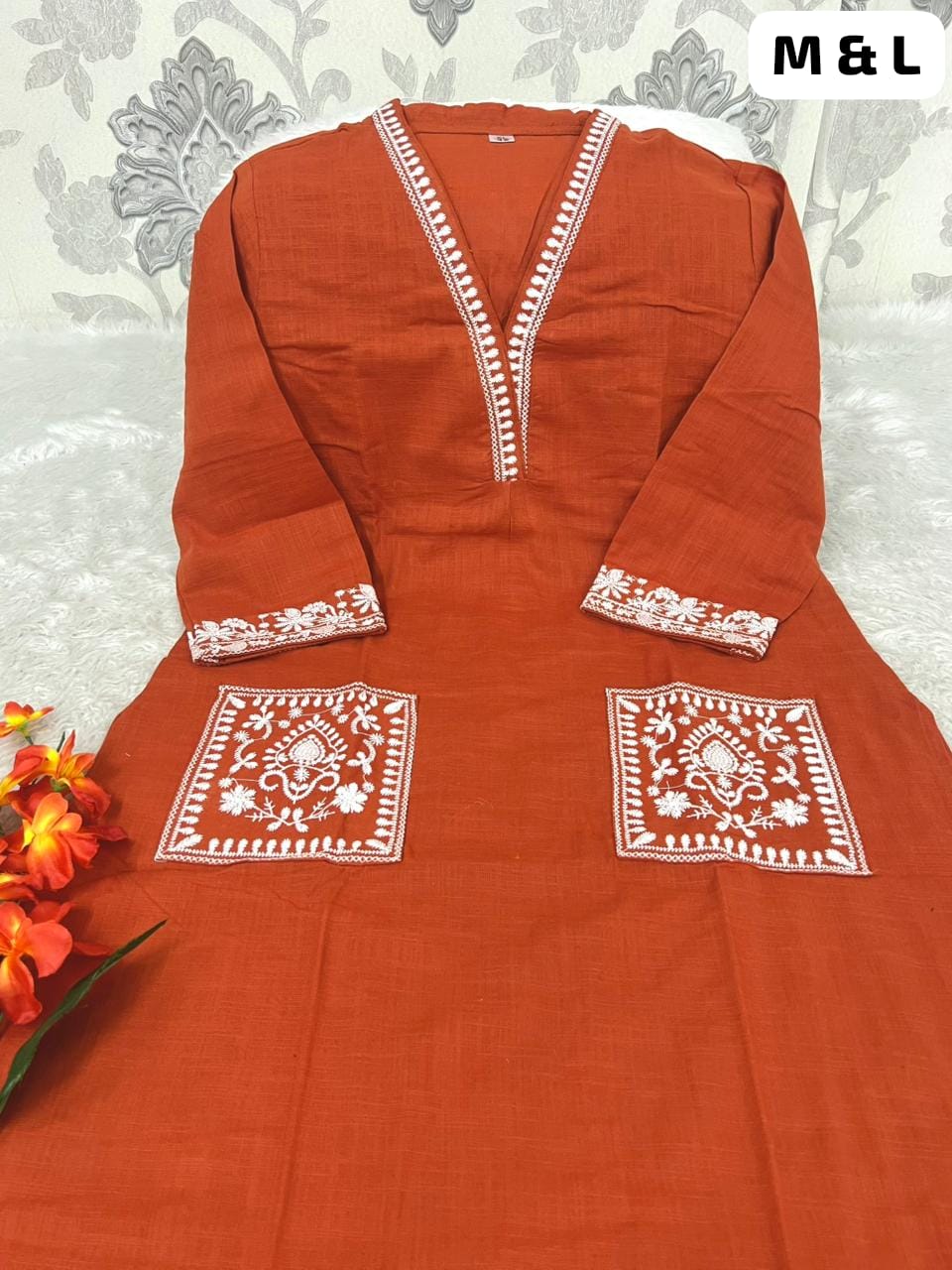 Women's Cotton Slub Embroidered Kurta Pant Set | Office & Casual Wear | V-neck