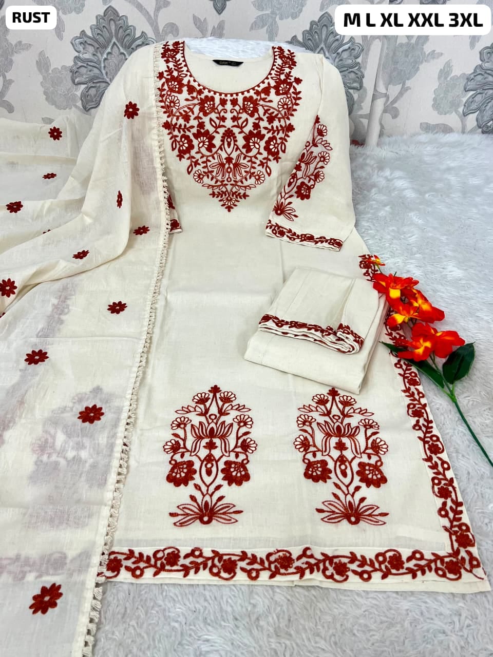 Pure Khadi Cotton Embroidered Kurta Pant Set with Full Dupatta for Women | Off White & Rust | Premium Ethnic Wear