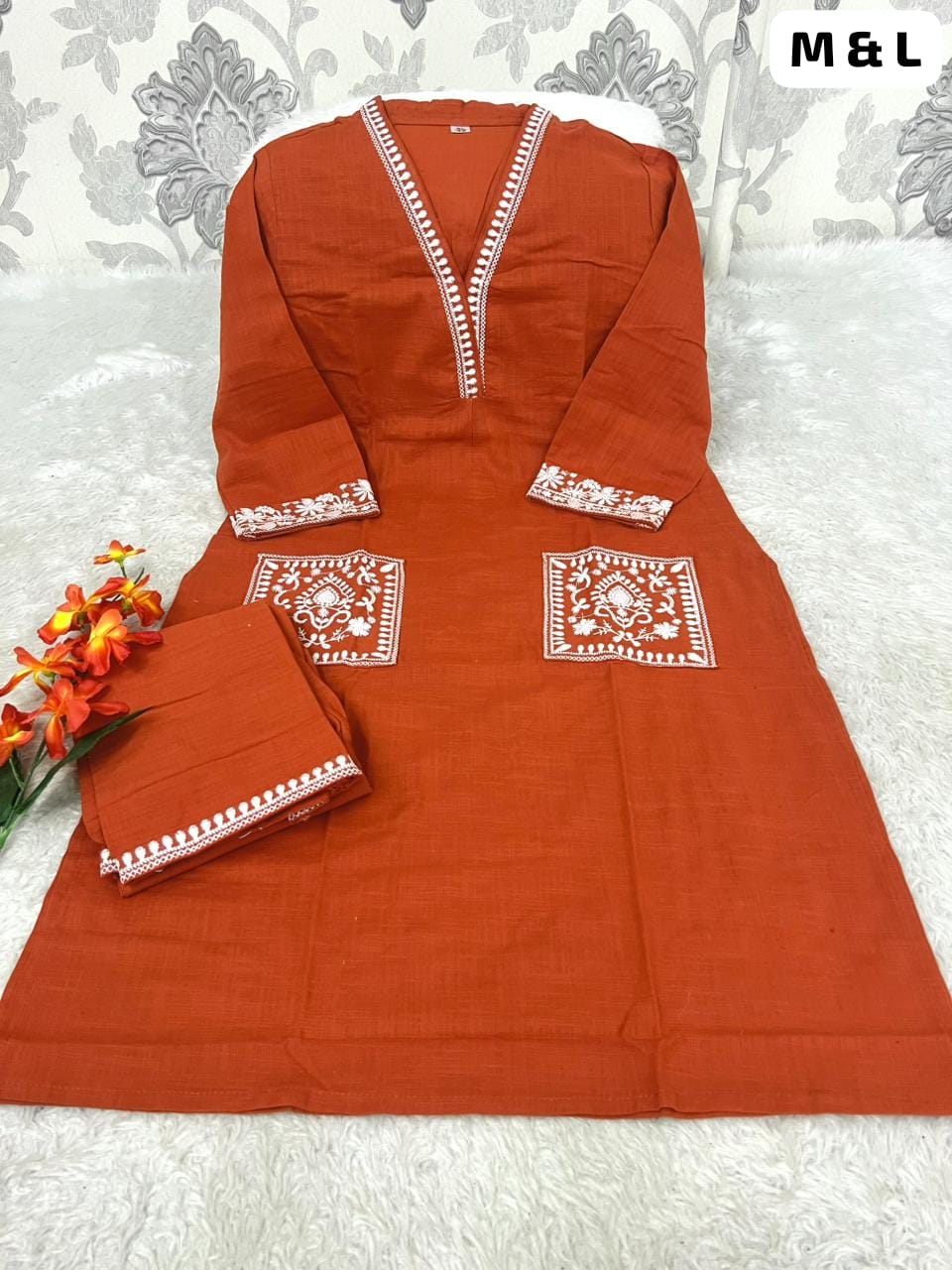 Women's Cotton Slub Embroidered Kurta Pant Set | Office & Casual Wear | V-neck