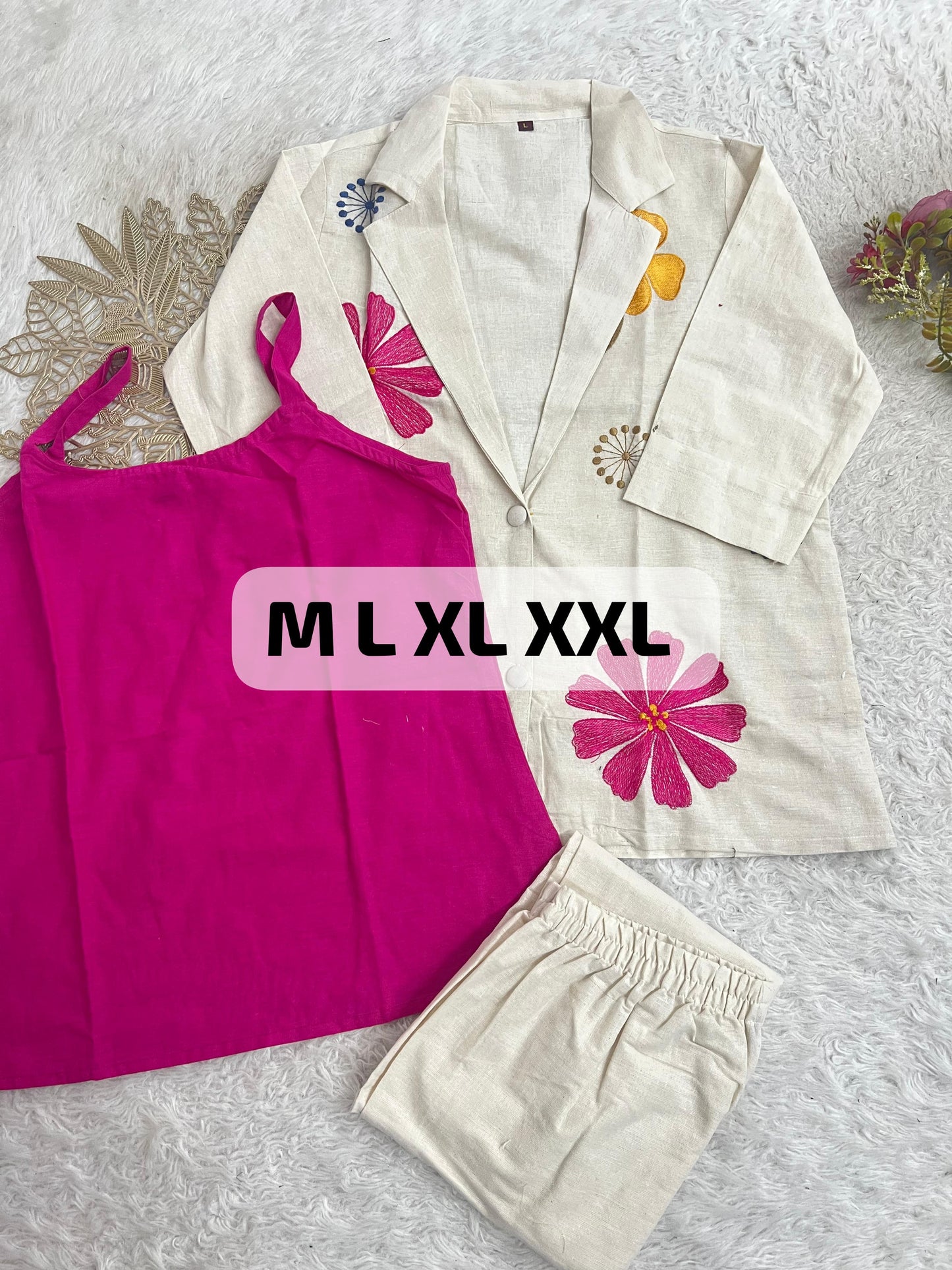 Premium Cotton Flax Embroidered 3-Piece Co-Ord Set for Women | Blazer, Inner & Pants
