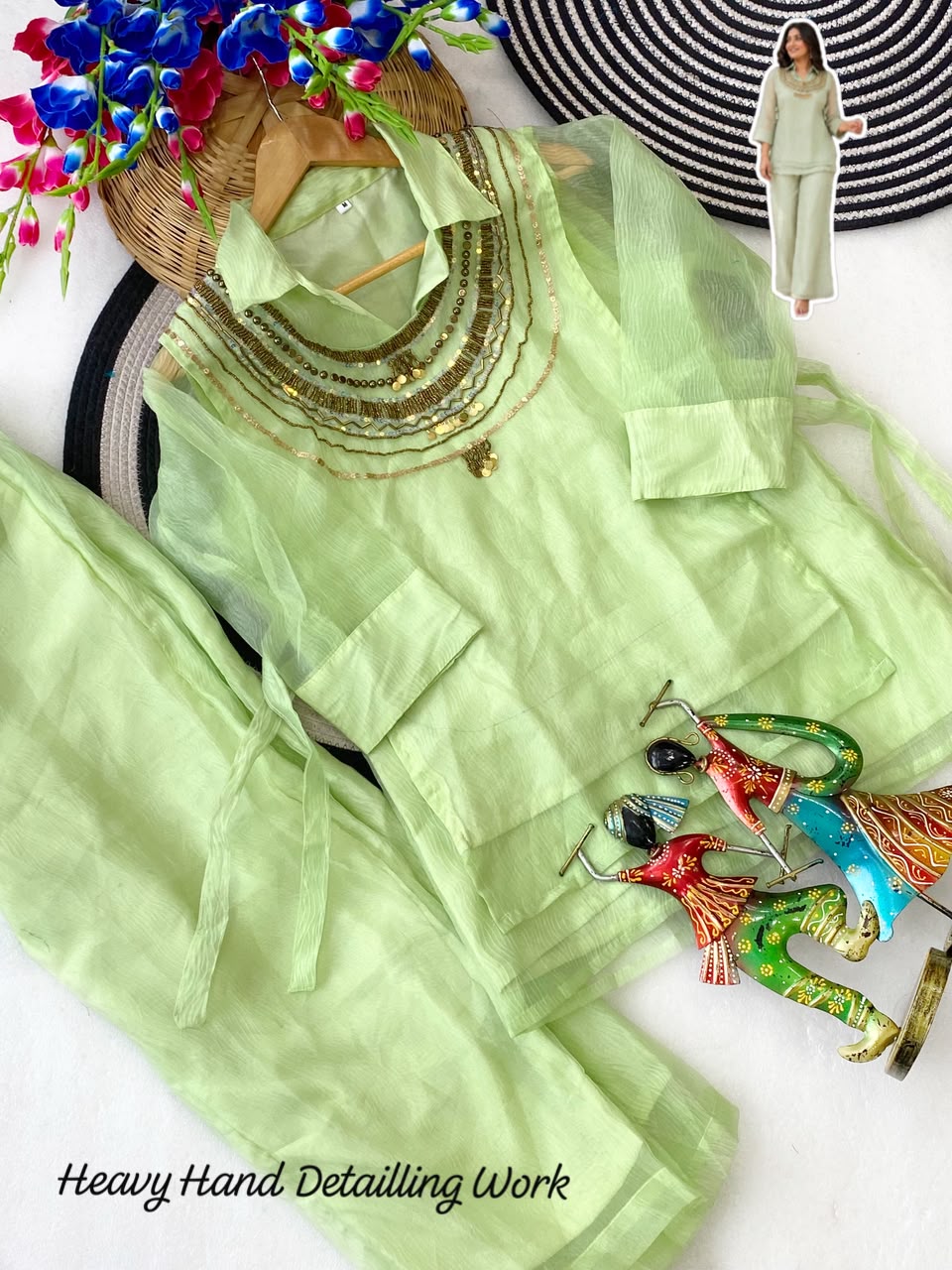 Festive Shimmer Organza Tissue Silk Co-Ord Set with Heavy Handwork Yoke