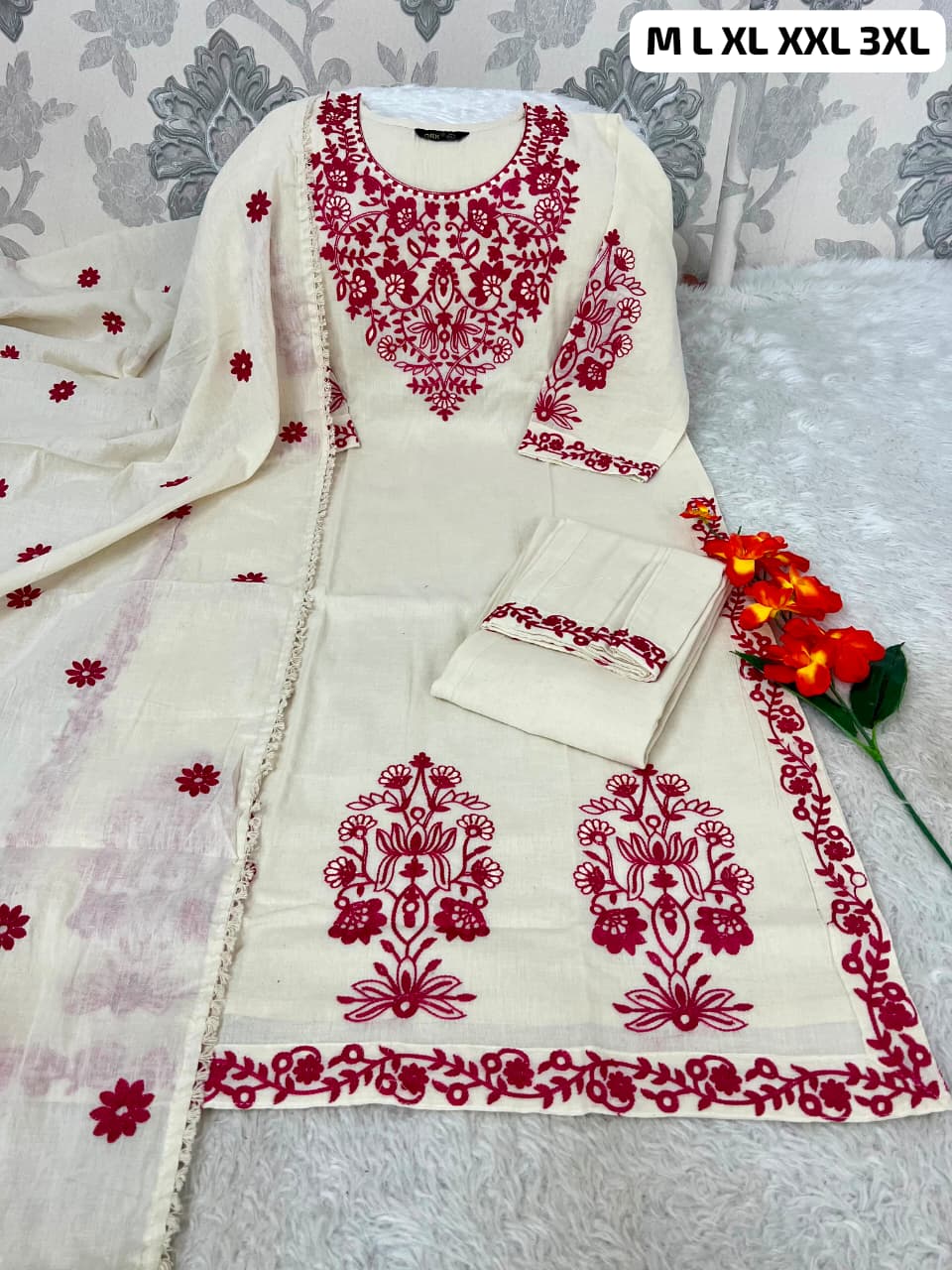 Pure Khadi Cotton Embroidered Kurta Pant Set with Full Dupatta for Women | Off White & Rust | Premium Ethnic Wear