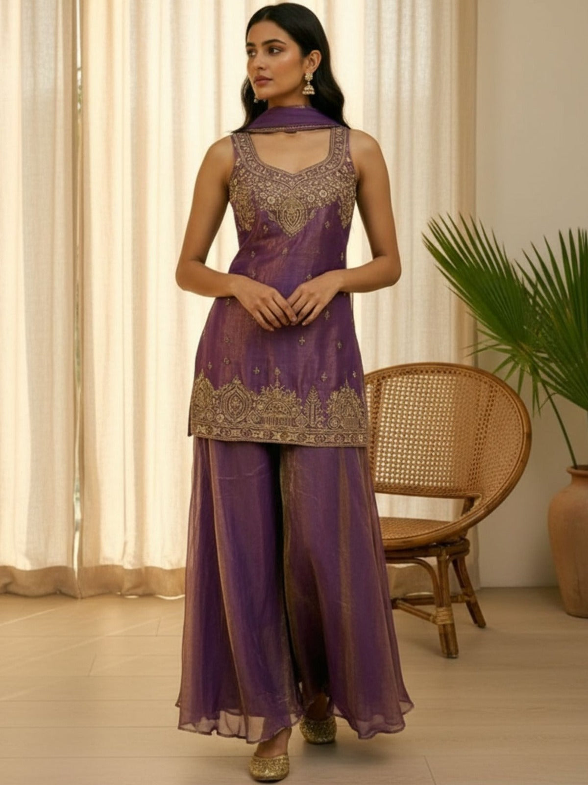 Purple Fendy Satin Embroidered Kurta Palazzo Set with Dupatta