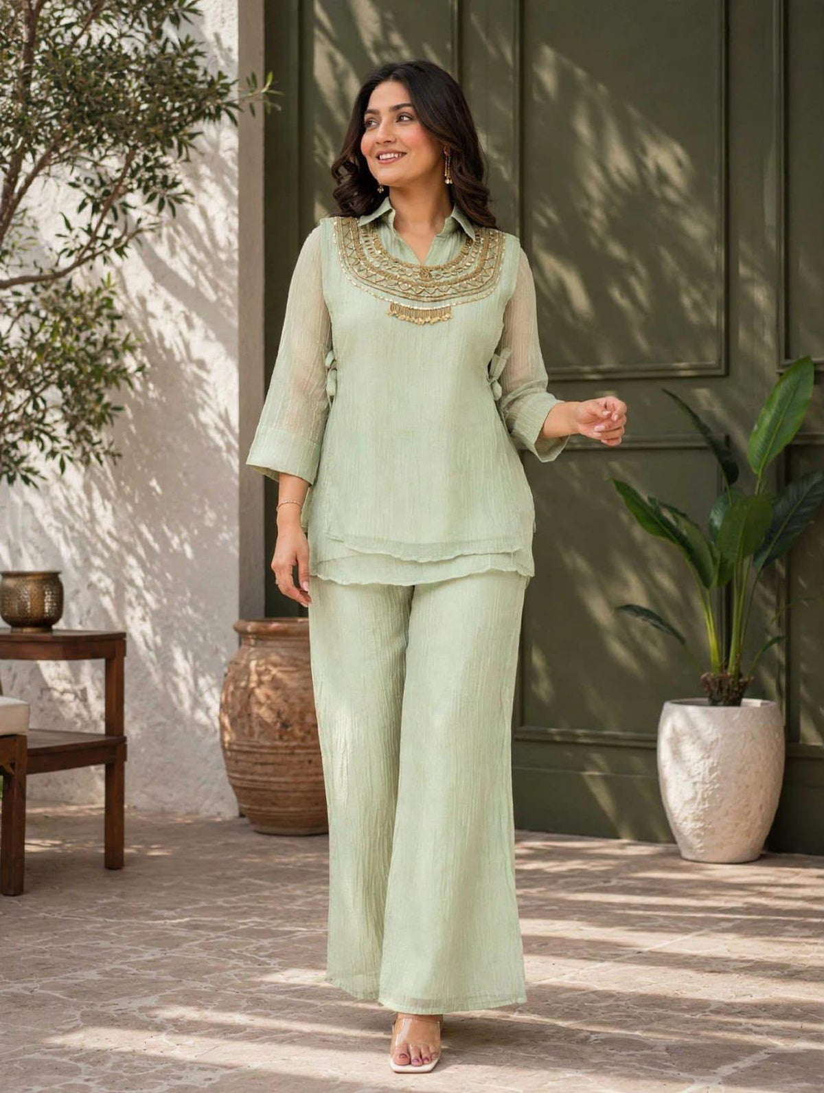Festive Shimmer Organza Tissue Silk Co-Ord Set with Heavy Handwork Yoke