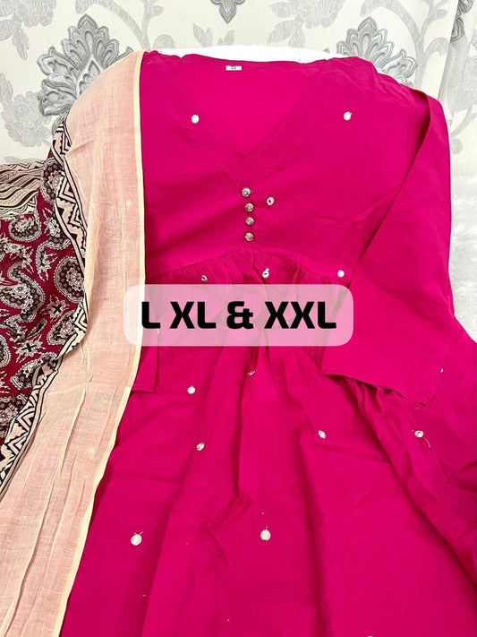 Premium A-Line Cotton Kurta Set with Jaipur Printed Mulmul Dupatta for Women