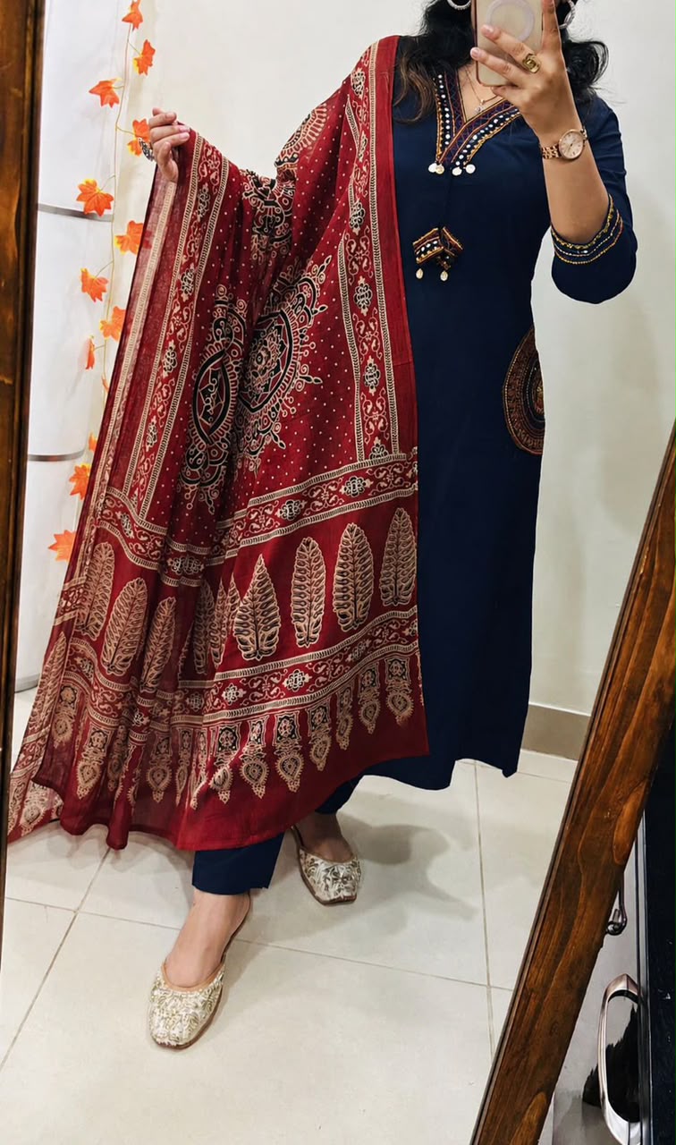 Premium Dhabu Cotton A-Line Kurta Set with Ajrakh Dupatta & Embroidery | Women's Ethnic Wear