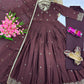 Designer Chinon Silk Party Wear Gown Set with Dupatta & Pant – Wine Brown
