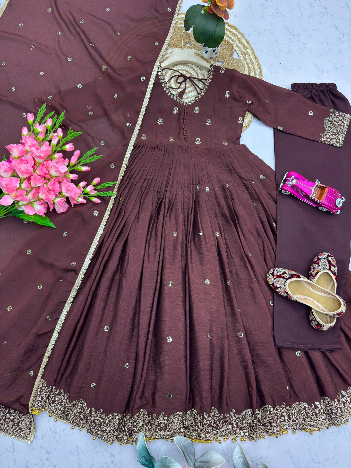 Designer Chinon Silk Party Wear Gown Set with Dupatta & Pant – Wine Brown