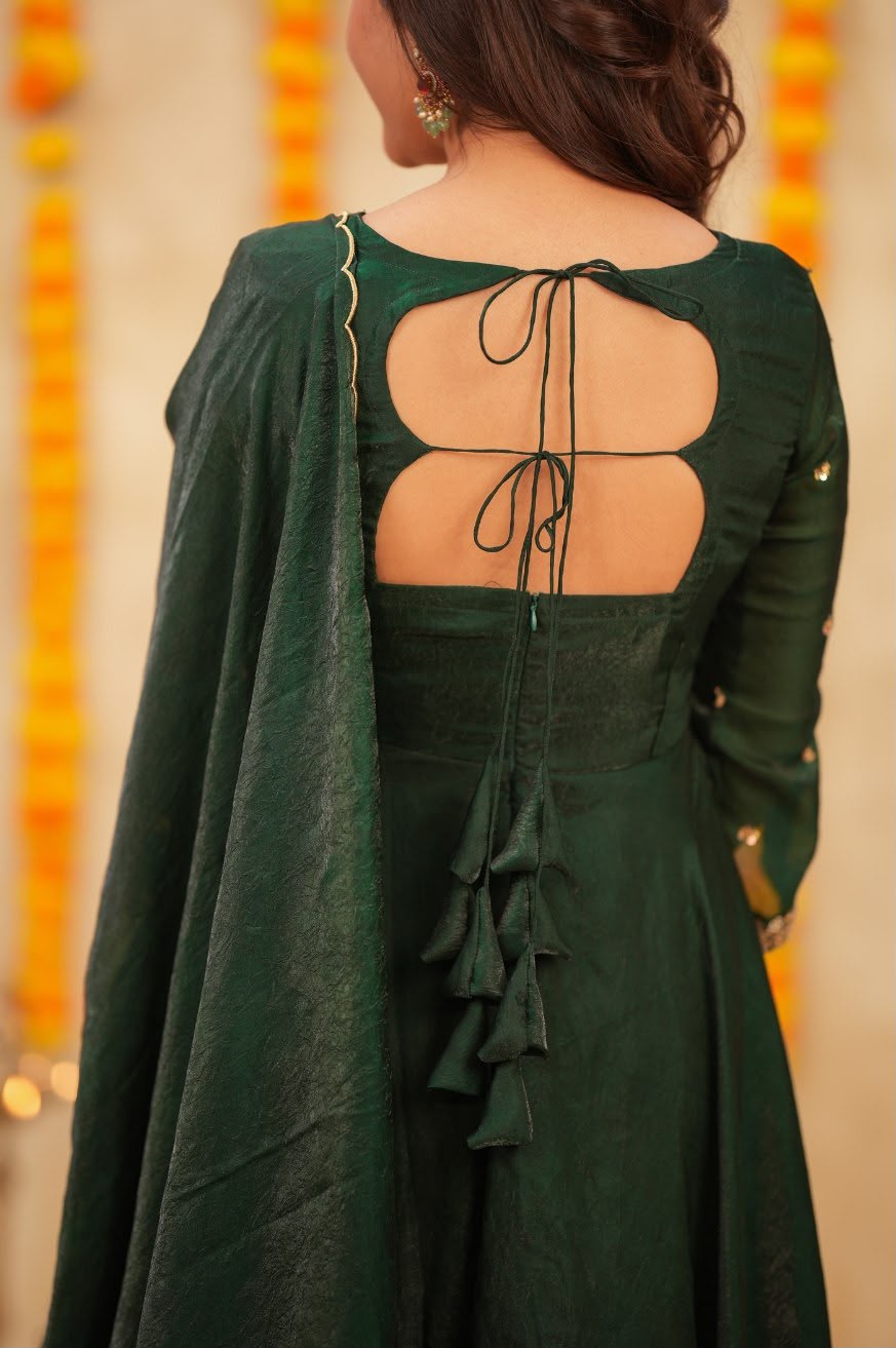 Emerald Green Sparkling Georgette Anarkali Gown | Velora