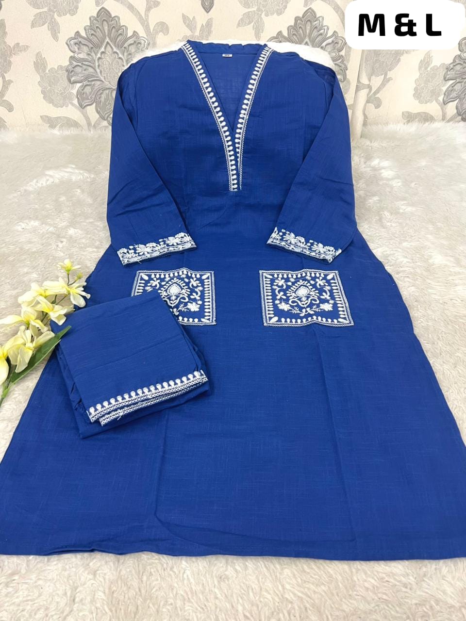 Women's Cotton Slub Embroidered Kurta Pant Set | Office & Casual Wear | V-neck