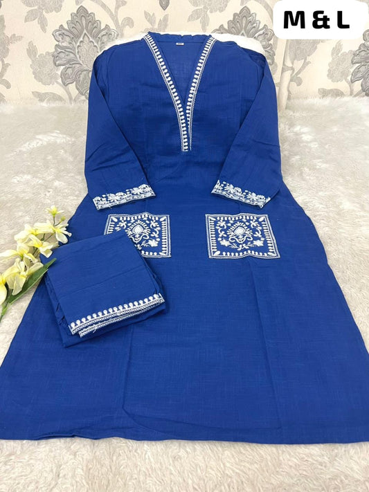 Women's Cotton Slub Embroidered Kurta Pant Set | Office & Casual Wear | V-neck
