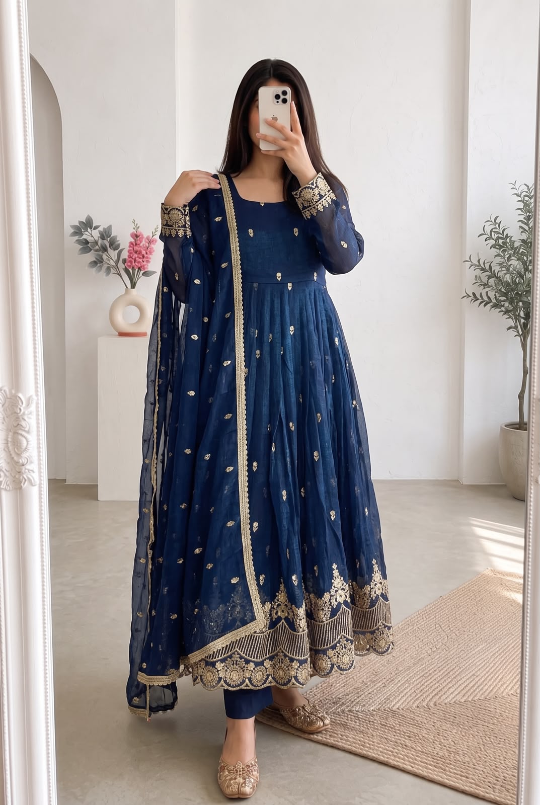 Navy Blue Designer Embroidered Sequins Gown Set with Dupatta & Pant