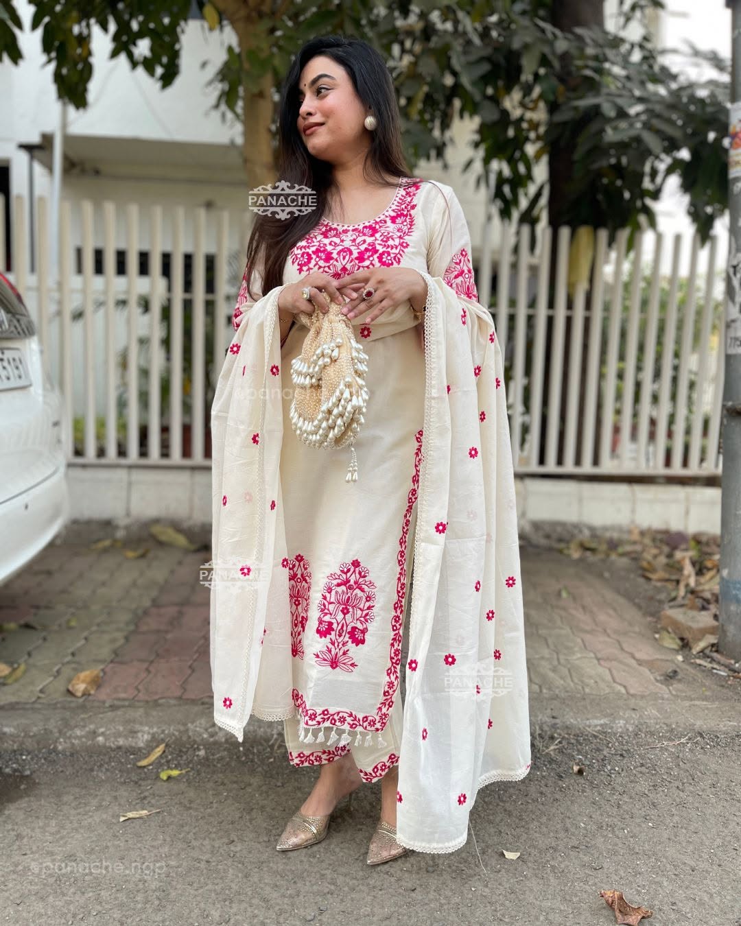 Pure Khadi Cotton Embroidered Kurta Pant Set with Full Dupatta for Women | Off White & Rust | Premium Ethnic Wear