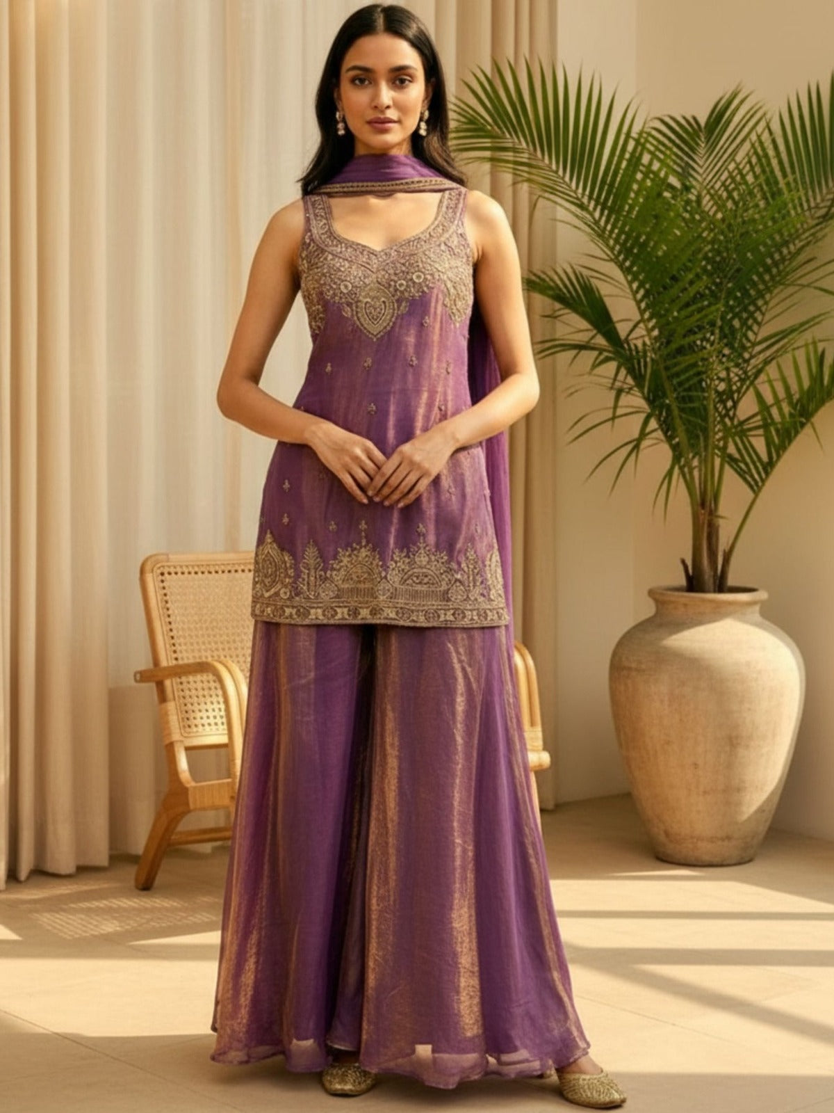 Purple Fendy Satin Embroidered Kurta Palazzo Set with Dupatta