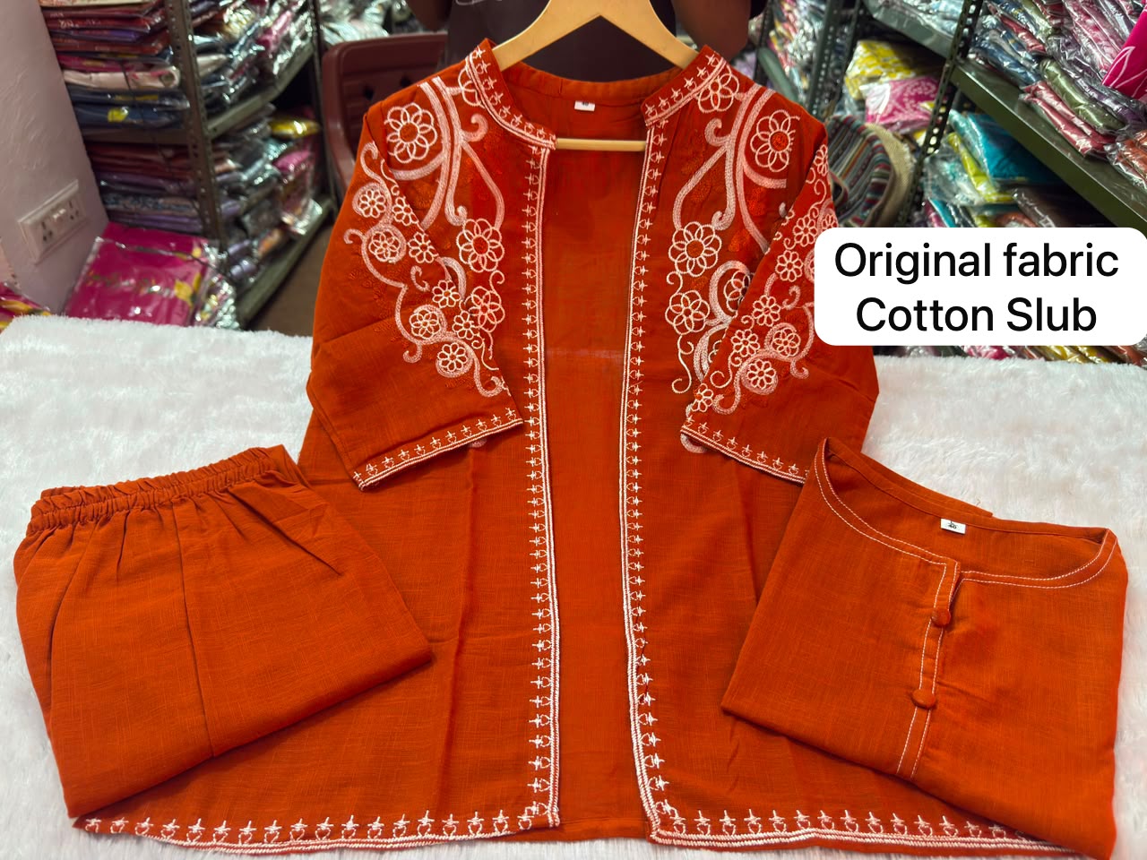 Premium Cotton Slub Embroidered 3-Piece Set for Women | Jacket, Inner & Trousers