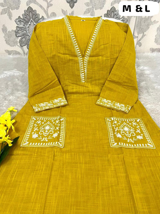 Women's Cotton Slub Embroidered Kurta Pant Set | Office & Casual Wear | V-neck