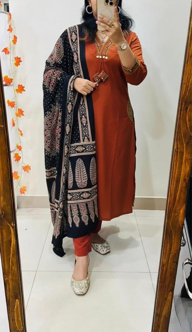 Premium Dhabu Cotton A-Line Kurta Set with Ajrakh Dupatta & Embroidery | Women's Ethnic Wear