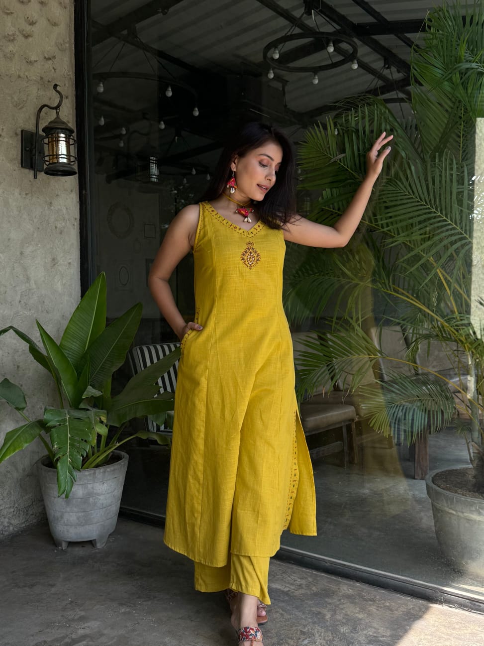 Premium Cotton Slub Embroidered Kurta Palazzo Set