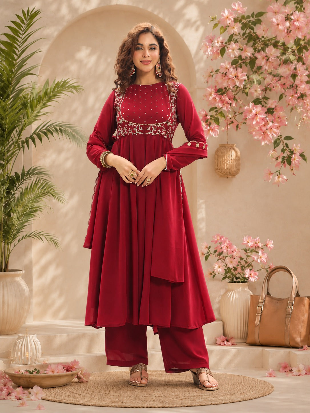 Maroon Embroidered Georgette Anarkali Suit Set with Dupatta