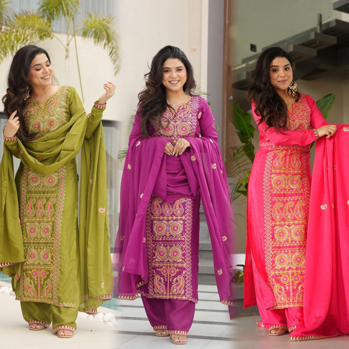 Women's Chinnon Silk Embroidered Kurta Pant Set – Zari Threadwork