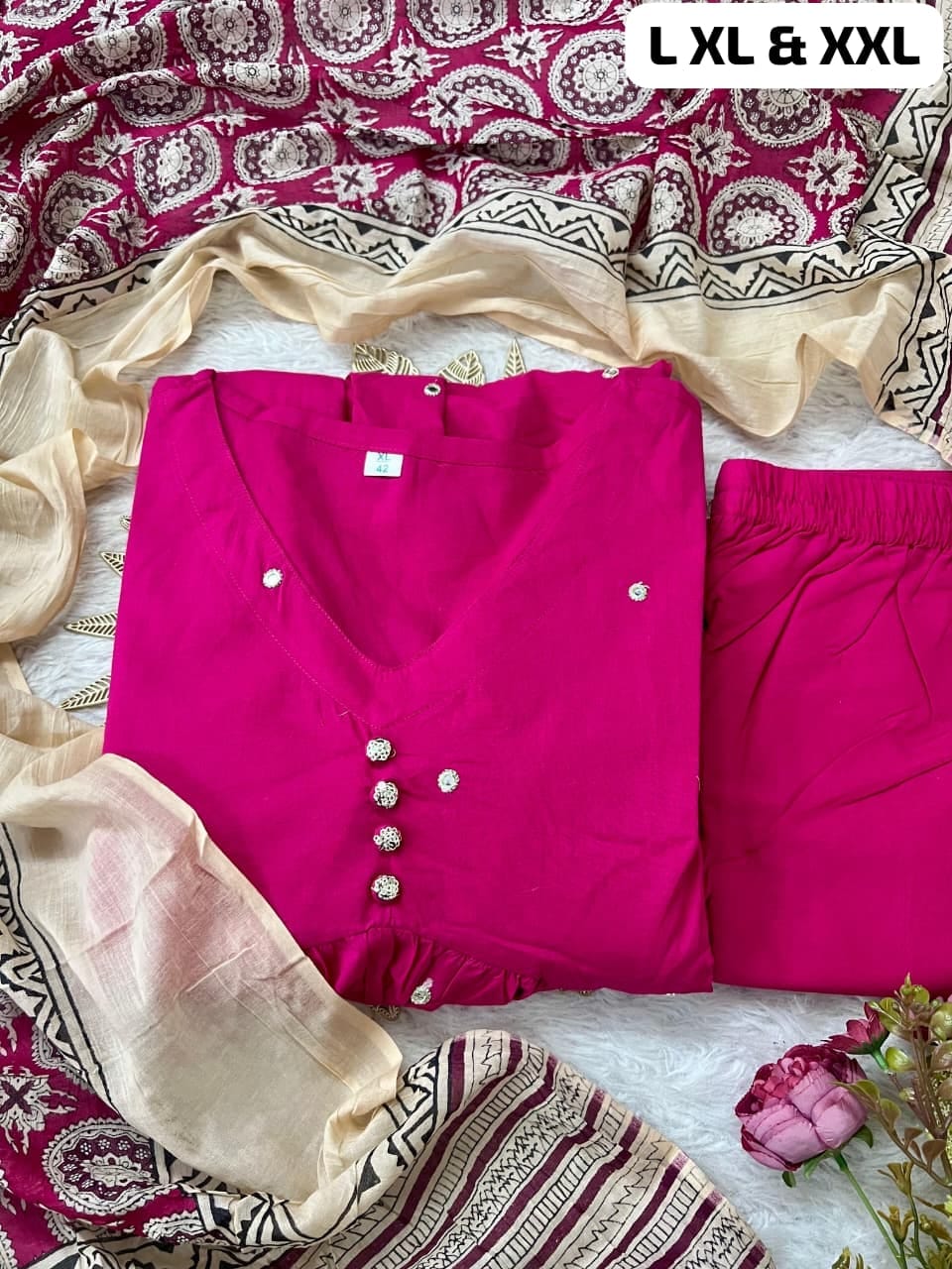 Premium A-Line Cotton Kurta Set with Jaipur Printed Mulmul Dupatta for Women