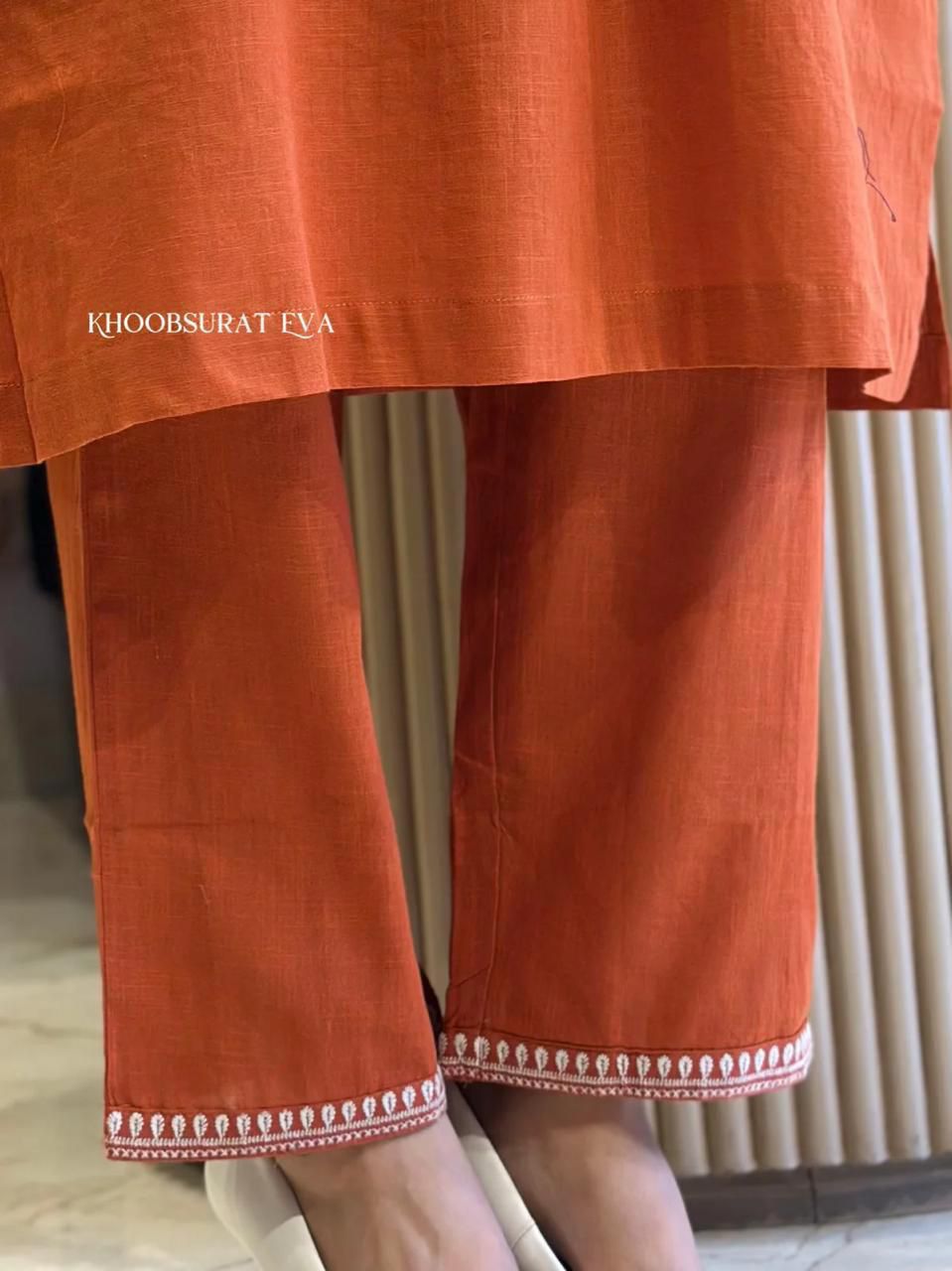 Women's Cotton Slub Embroidered Kurta Pant Set | Office & Casual Wear | V-neck