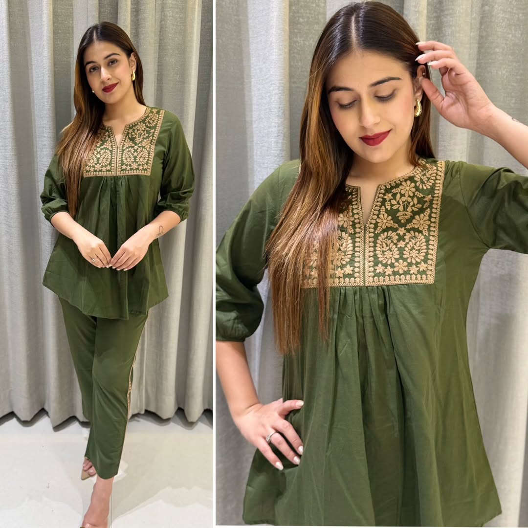 Cotton Embroidered Short Kurta Pant Set