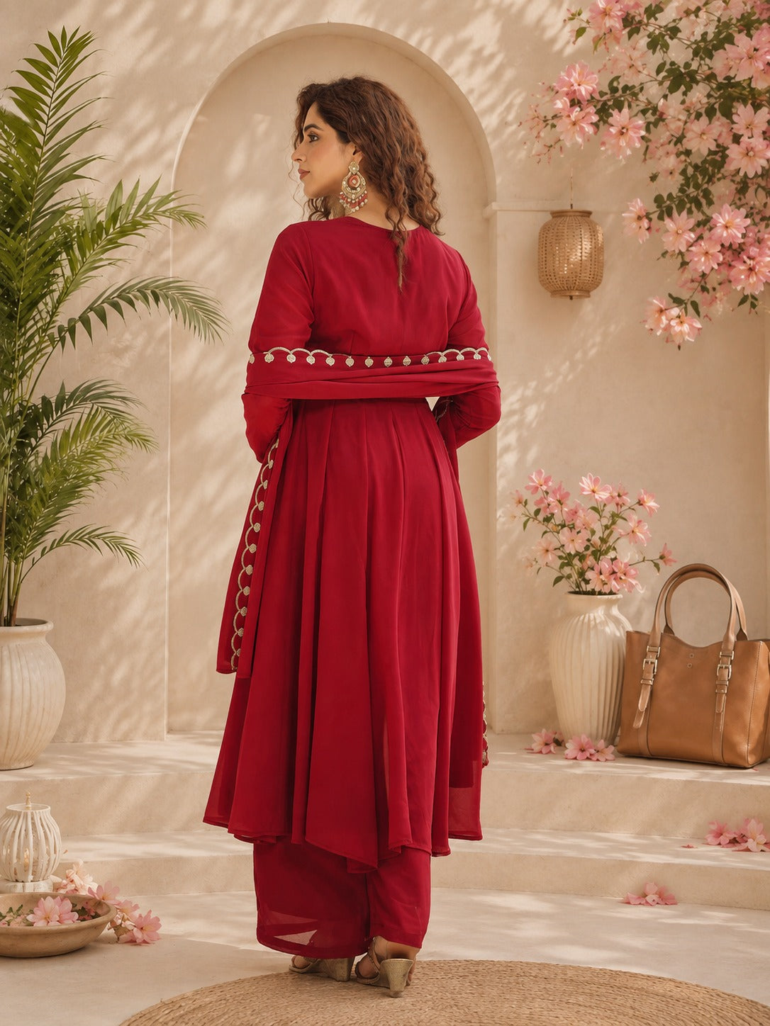Maroon Embroidered Georgette Anarkali Suit Set with Dupatta