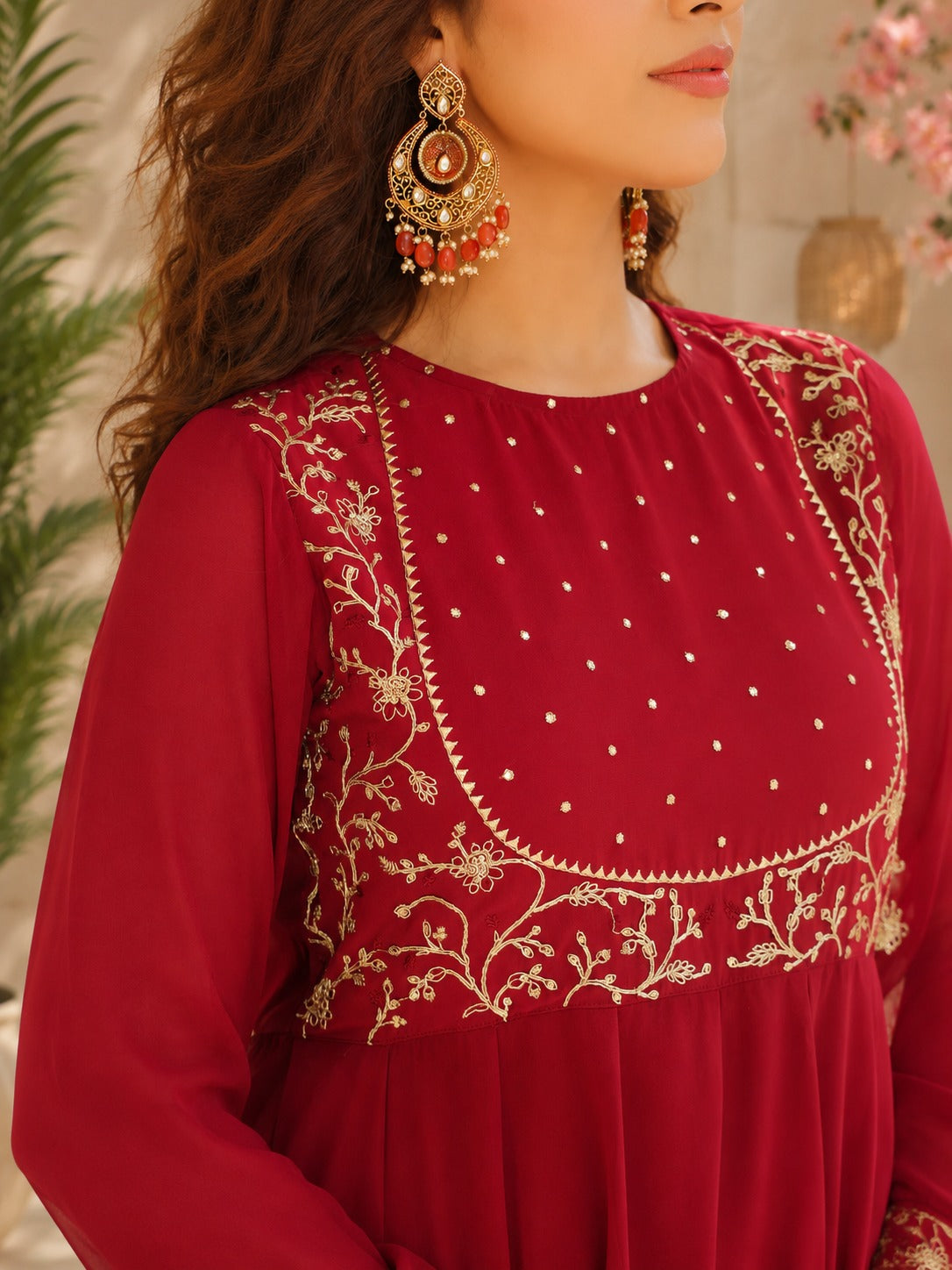 Maroon Embroidered Georgette Anarkali Suit Set with Dupatta