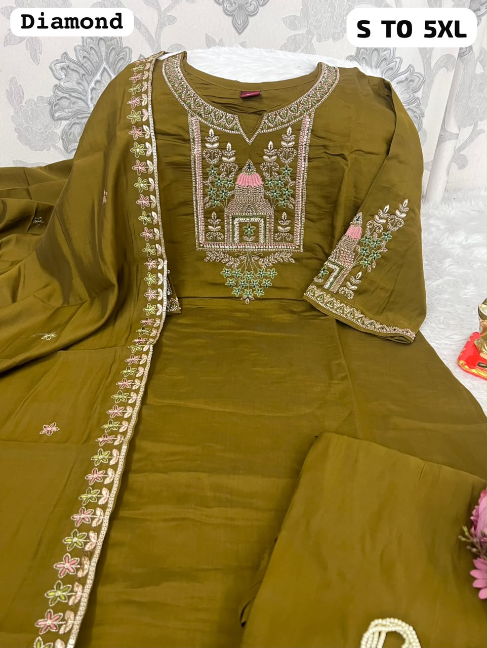 Diamond Embroidered 3-Piece Salwar Suit Set with Dupatta & Pants | Premium Festive Wear (S–5XL)
