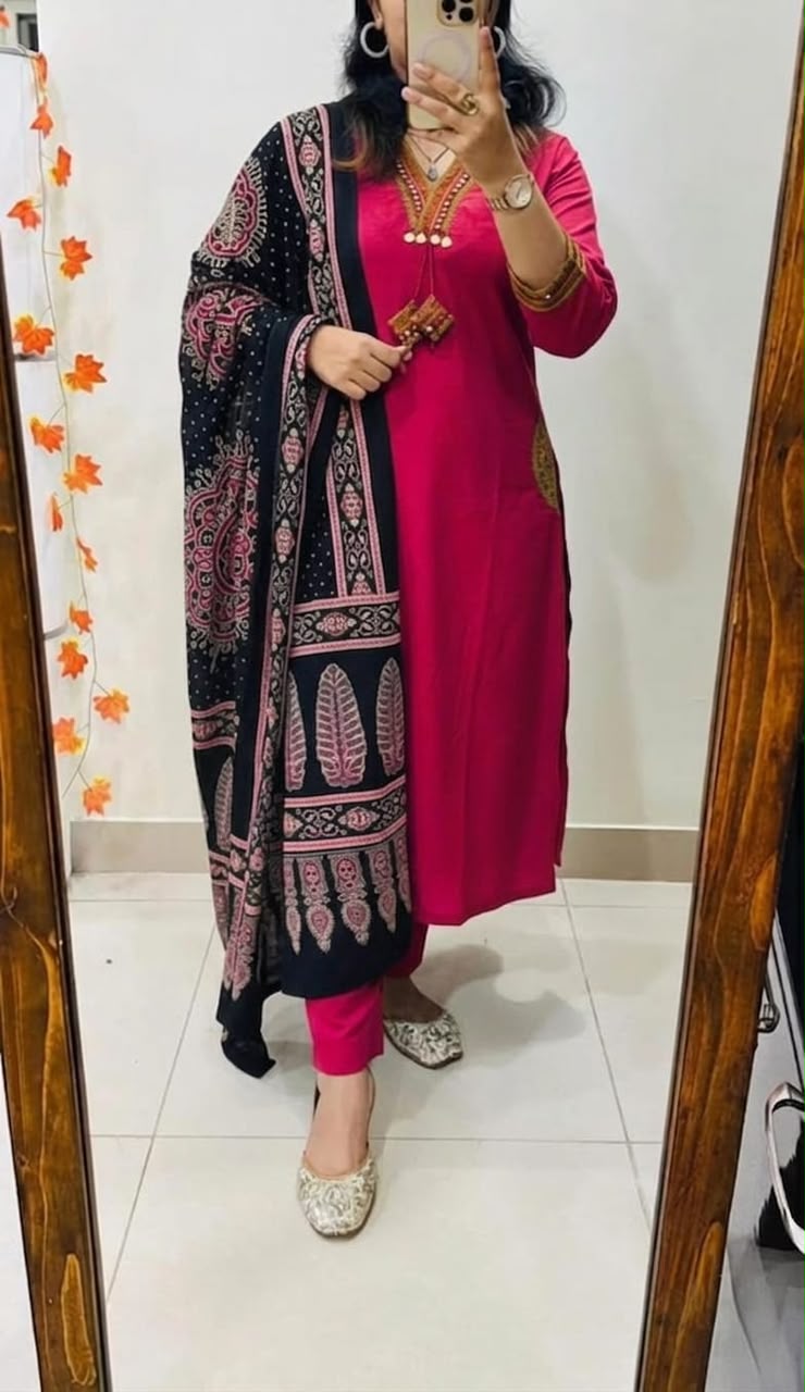 Premium Dhabu Cotton A-Line Kurta Set with Ajrakh Dupatta & Embroidery | Women's Ethnic Wear