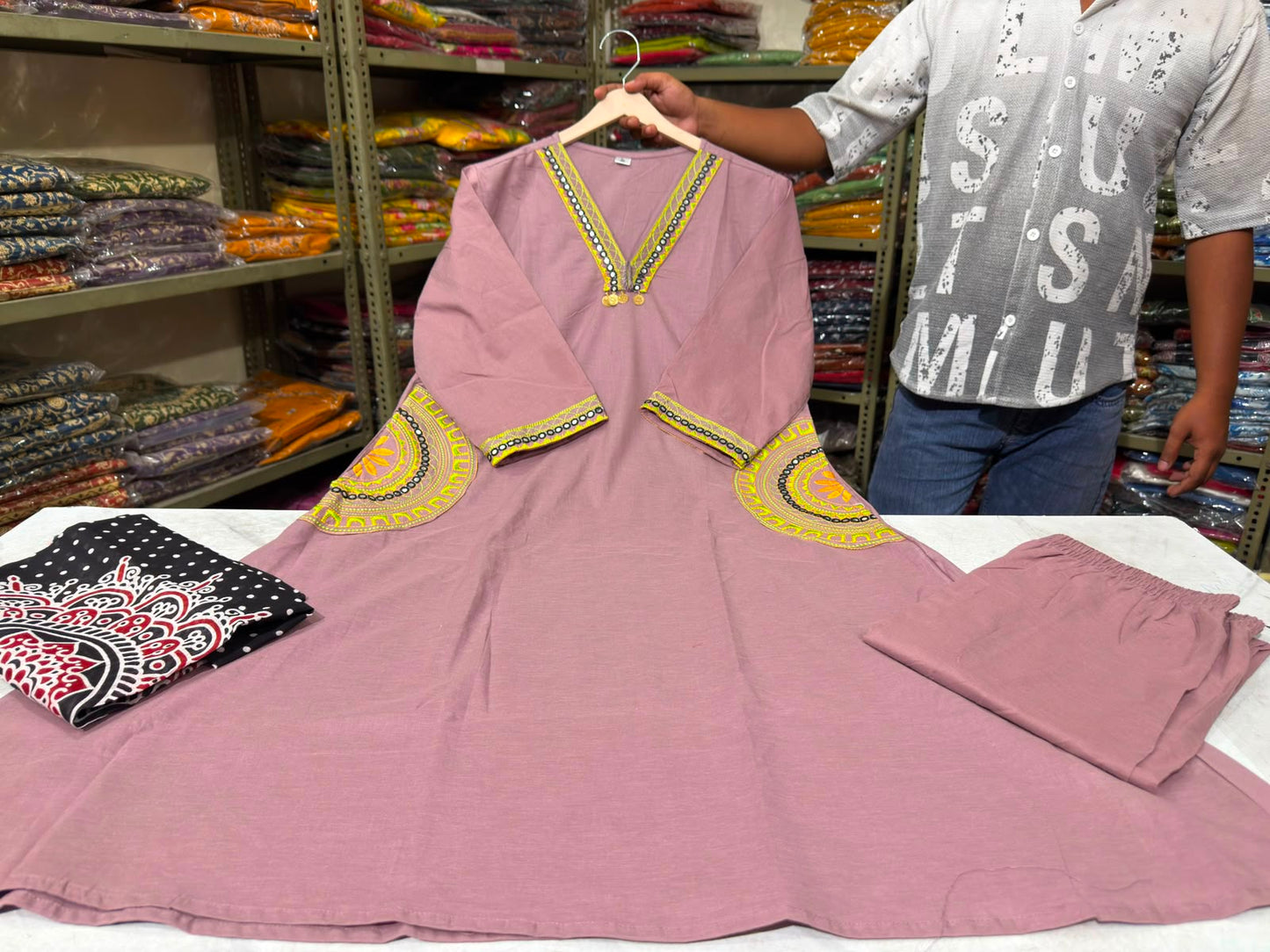 Premium Dhabu Cotton A-Line Kurta Set with Ajrakh Dupatta & Embroidery | Women's Ethnic Wear