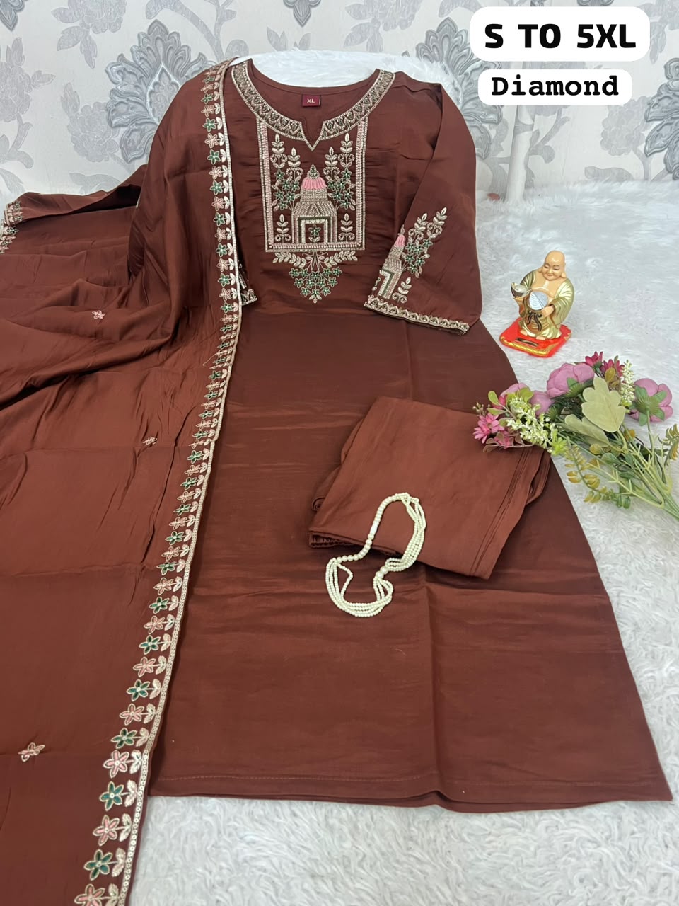 Diamond Embroidered 3-Piece Salwar Suit Set with Dupatta & Pants | Premium Festive Wear (S–5XL)