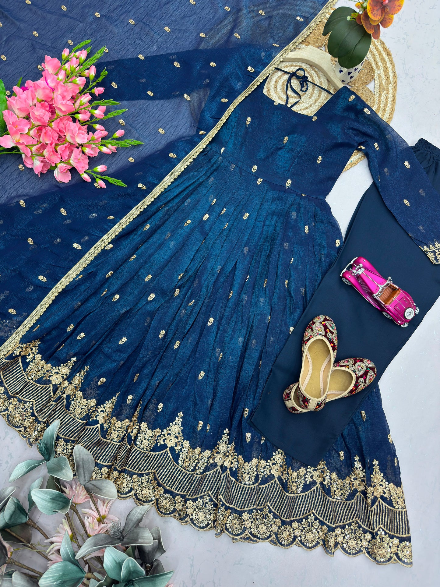 Navy Blue Designer Embroidered Sequins Gown Set with Dupatta & Pant
