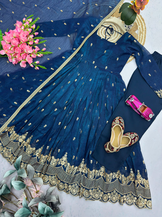 Navy Blue Designer Embroidered Sequins Gown Set with Dupatta & Pant