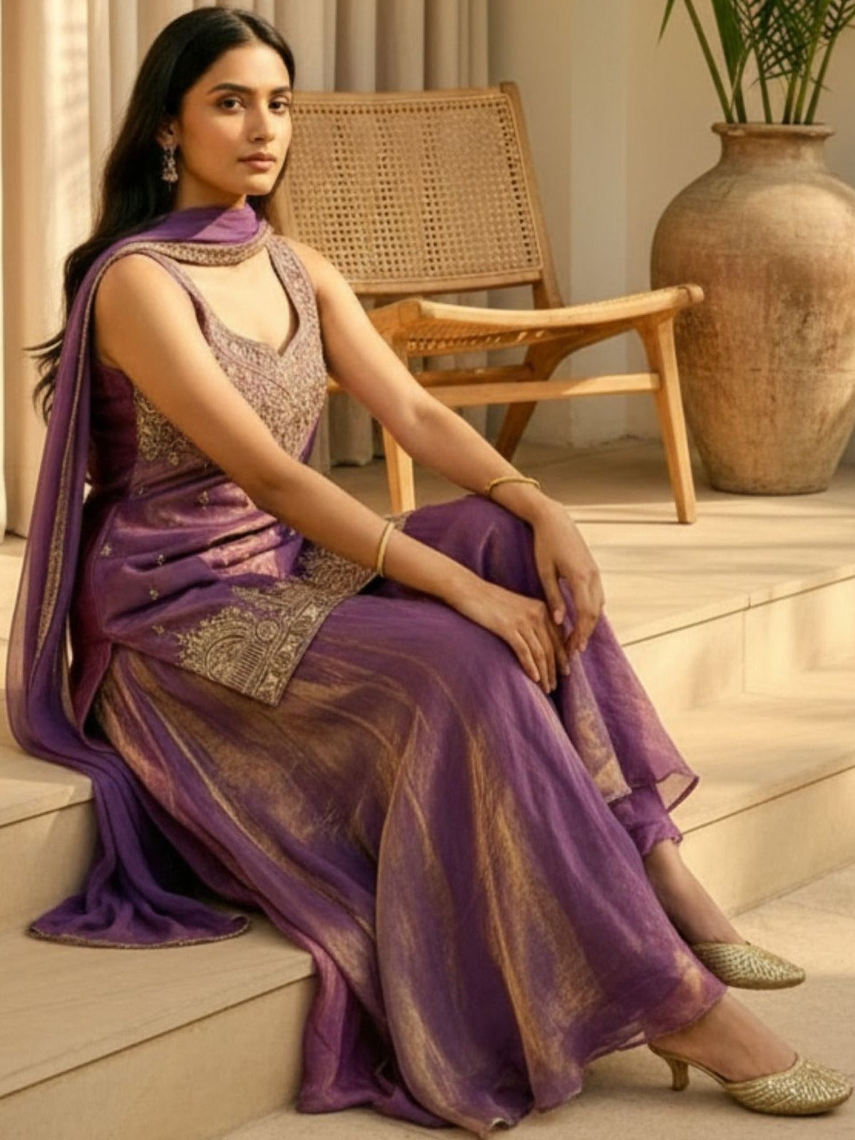 Purple Fendy Satin Embroidered Kurta Palazzo Set with Dupatta