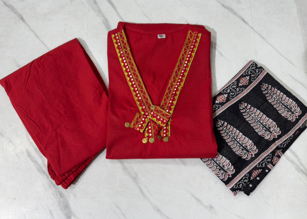 Premium Dhabu Cotton A-Line Kurta Set with Ajrakh Dupatta & Embroidery | Women's Ethnic Wear