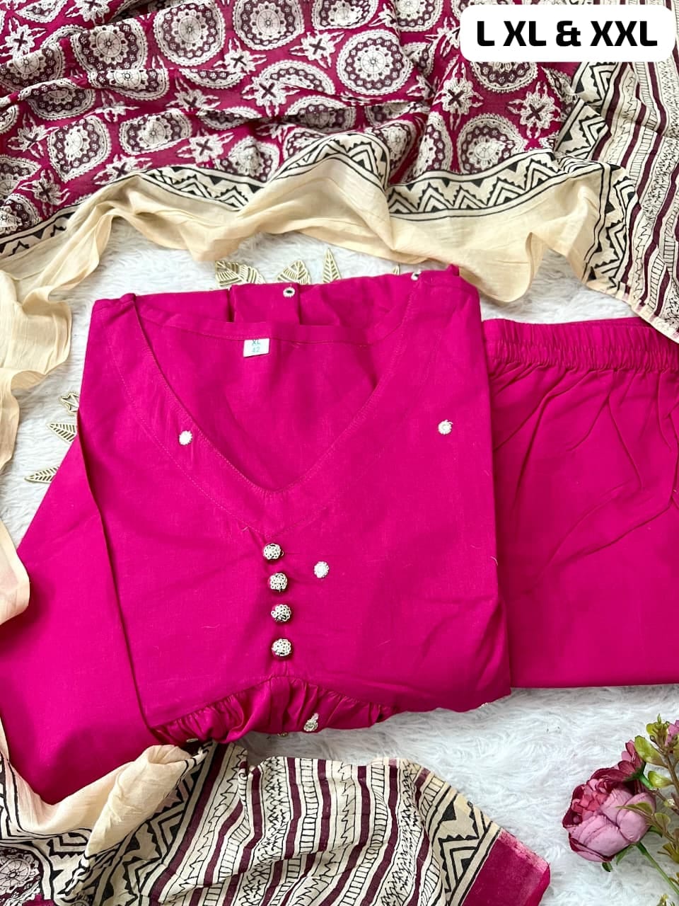 Premium A-Line Cotton Kurta Set with Jaipur Printed Mulmul Dupatta for Women