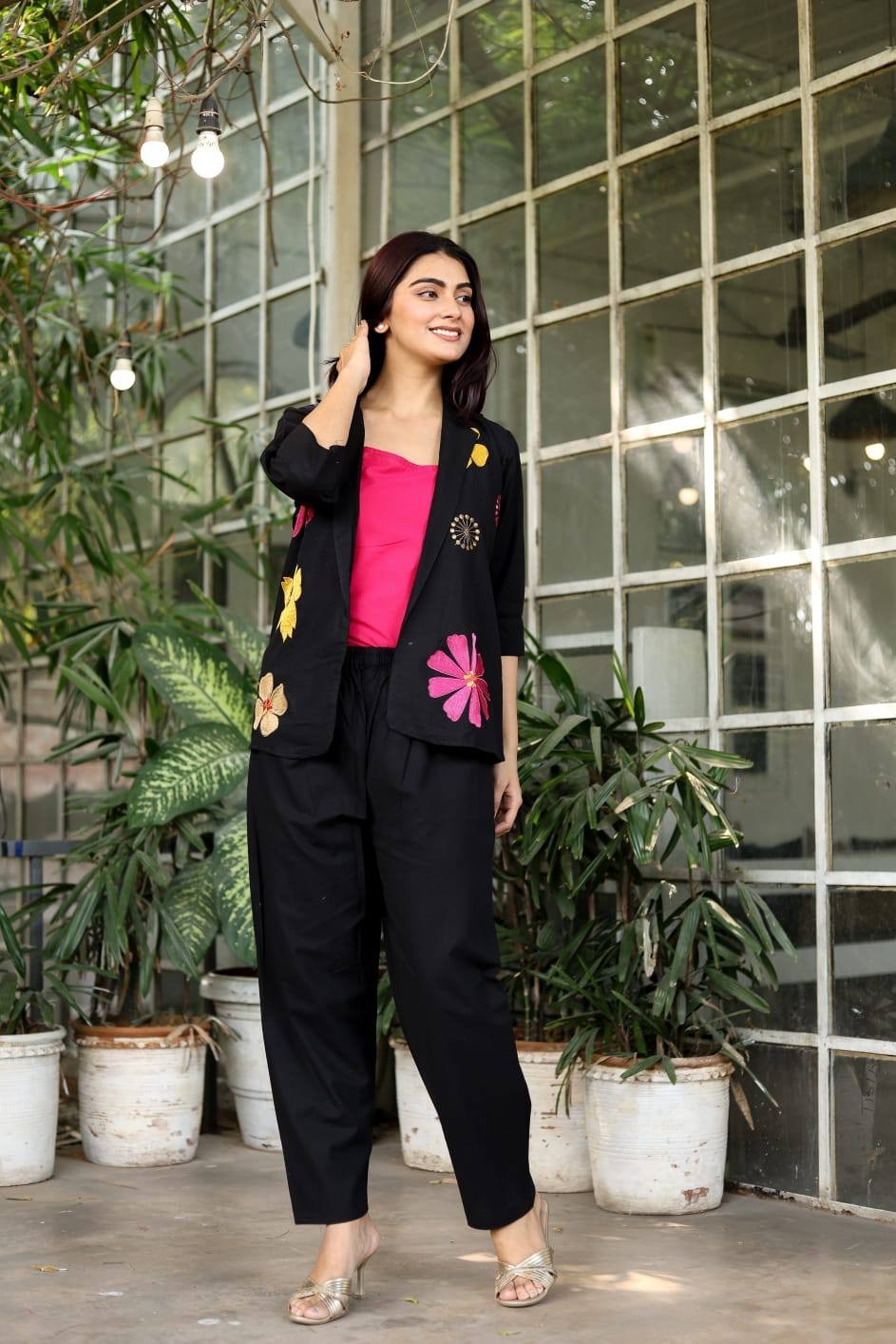 Premium Cotton Flax Embroidered 3-Piece Co-Ord Set for Women | Blazer, Inner & Pants