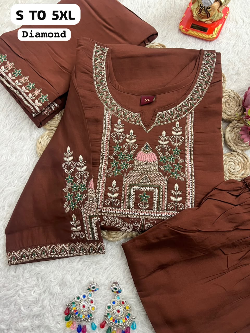 Diamond Embroidered 3-Piece Salwar Suit Set with Dupatta & Pants | Premium Festive Wear (S–5XL)